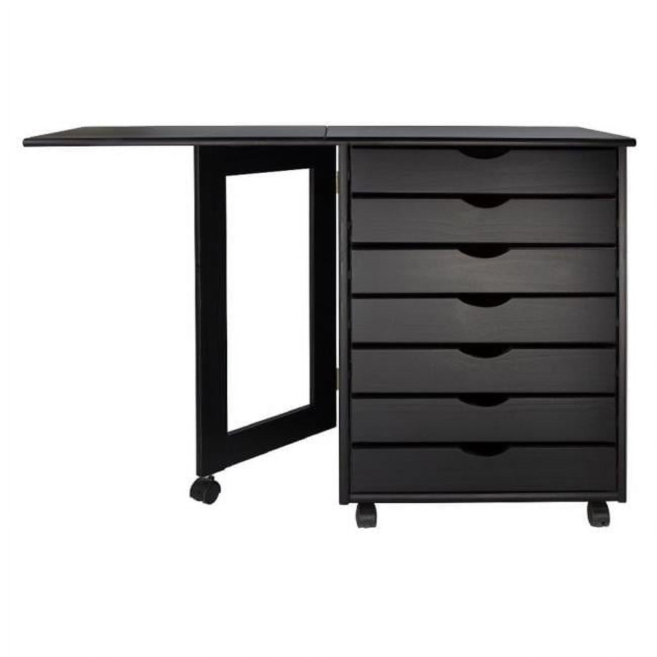 Black Solid Wood 7-Drawer Drop Leaf Roll Cart Desk