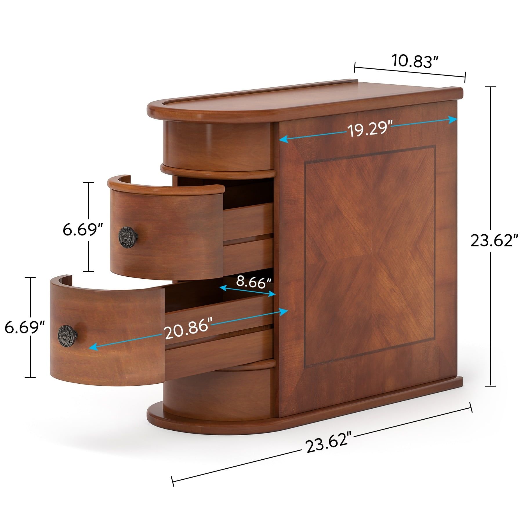 Solid Walnut Brown Rectangular End Table with Storage Drawers