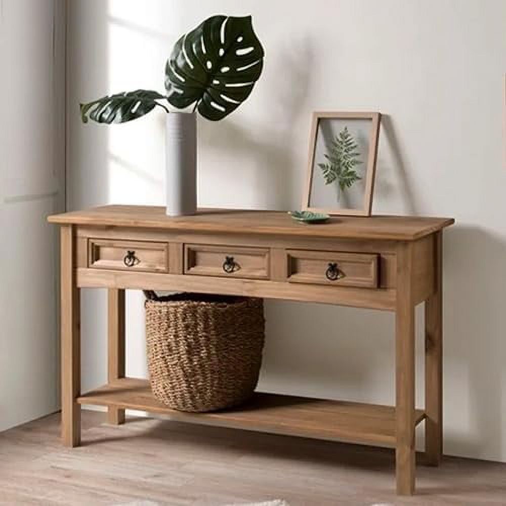 Antique Brown Solid Pine Wood Console Table with Storage