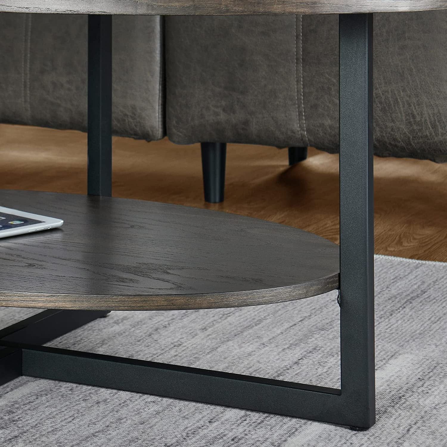 Black Oval Ash Wood Coffee Table with Cross Metal Legs