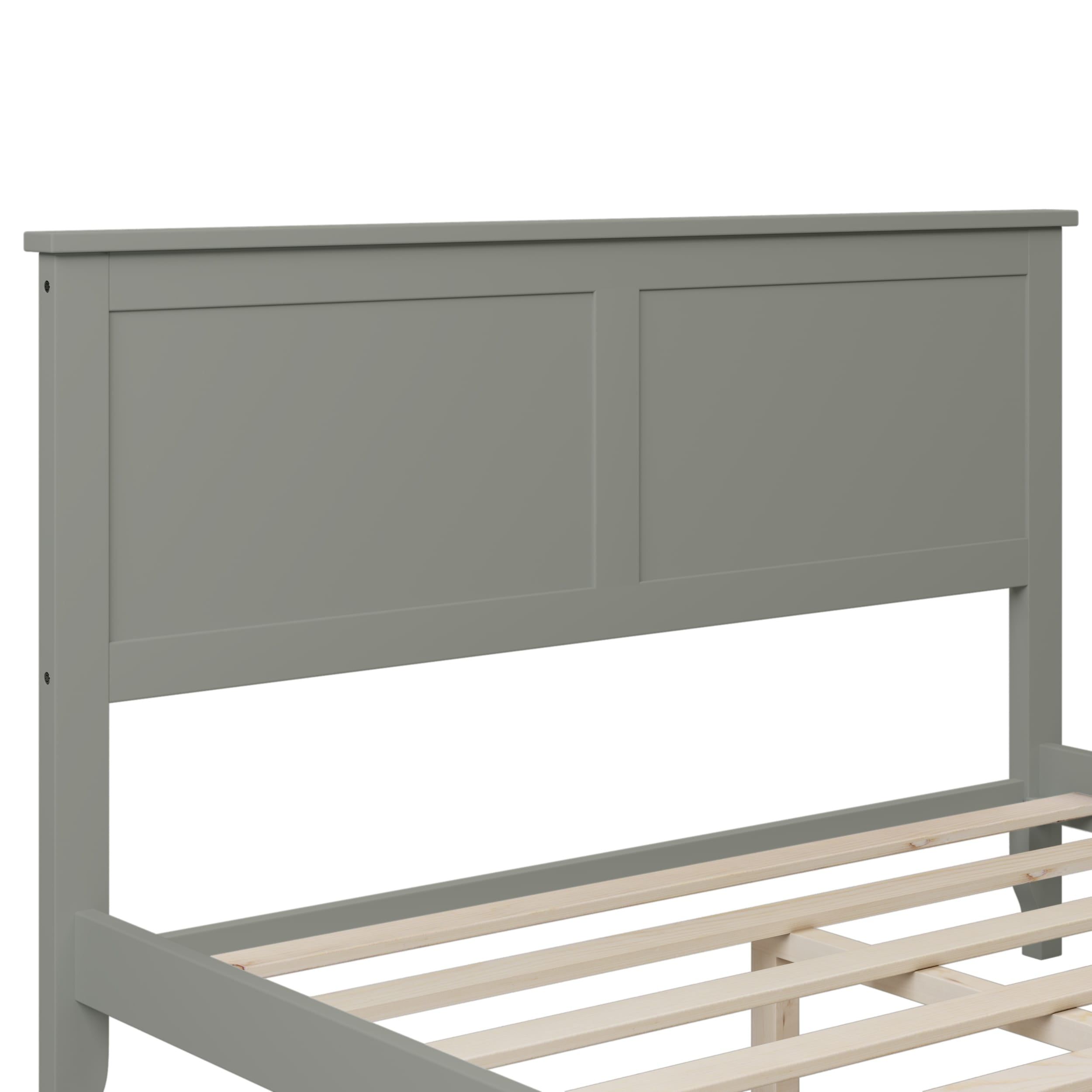 Full Size Grey Pine Wood Platform Bed with Slats and Headboard