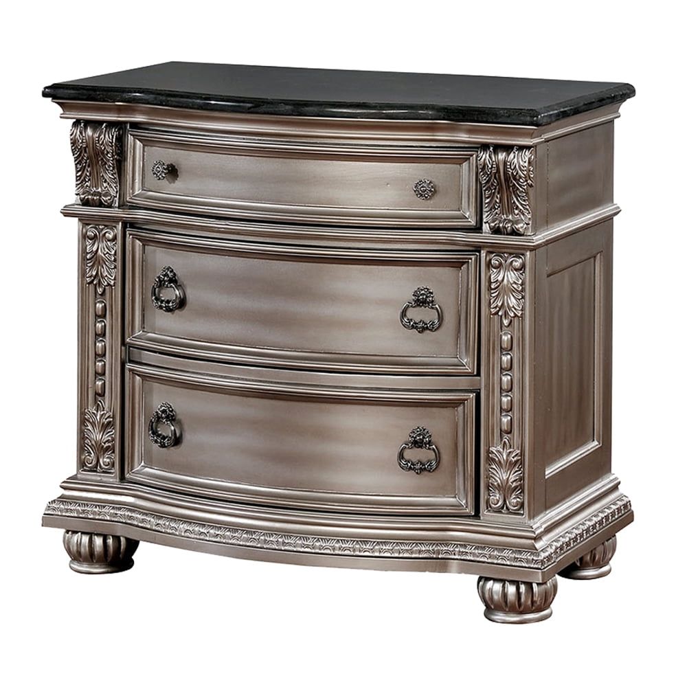 Elegant Silver 3-Drawer Traditional Nightstand with Marble Top