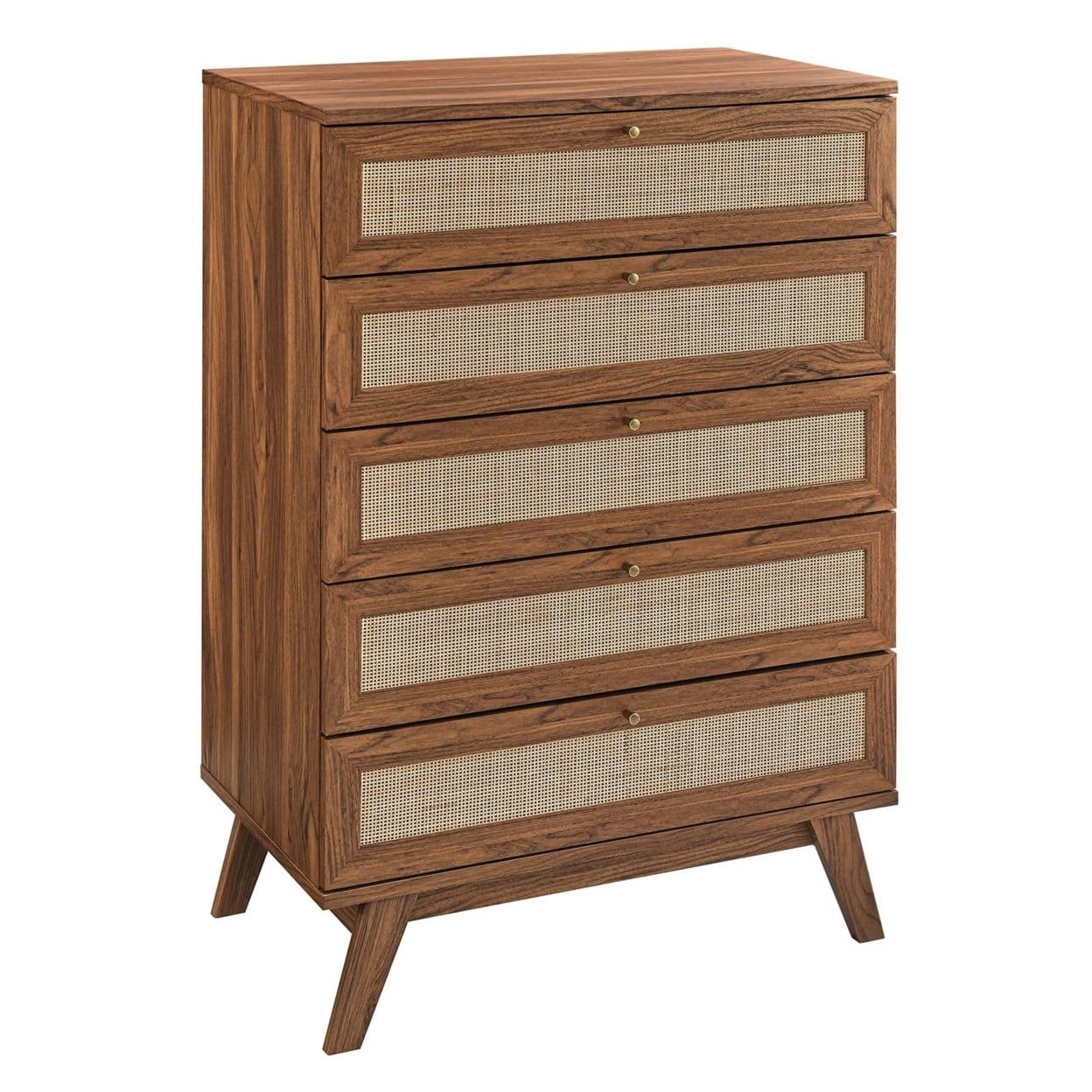 Walnut and Rattan 5-Drawer Chest with Splayed Legs