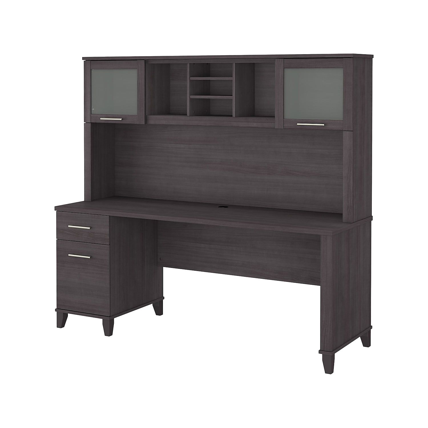 Storm Gray Adjustable Wood Office Desk with Hutch and Drawers