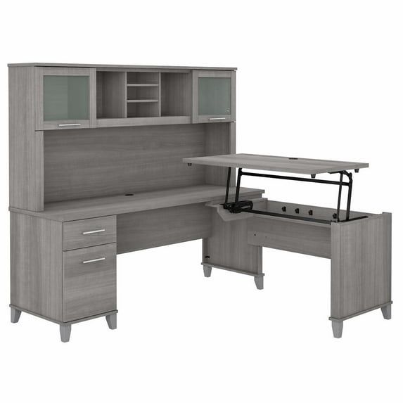 Platinum Gray Adjustable Height L-Shaped Desk with Hutch and Frosted Glass