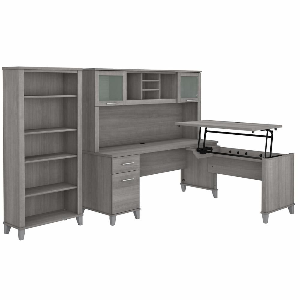 Platinum Gray Transitional L-Shaped Desk with Hutch and Bookcase