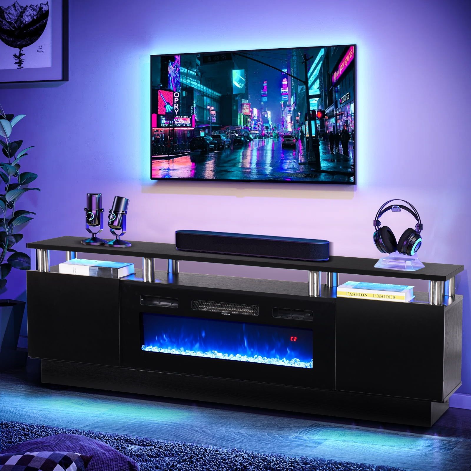 Black Modern Fireplace TV Stand with LED Lights and Storage