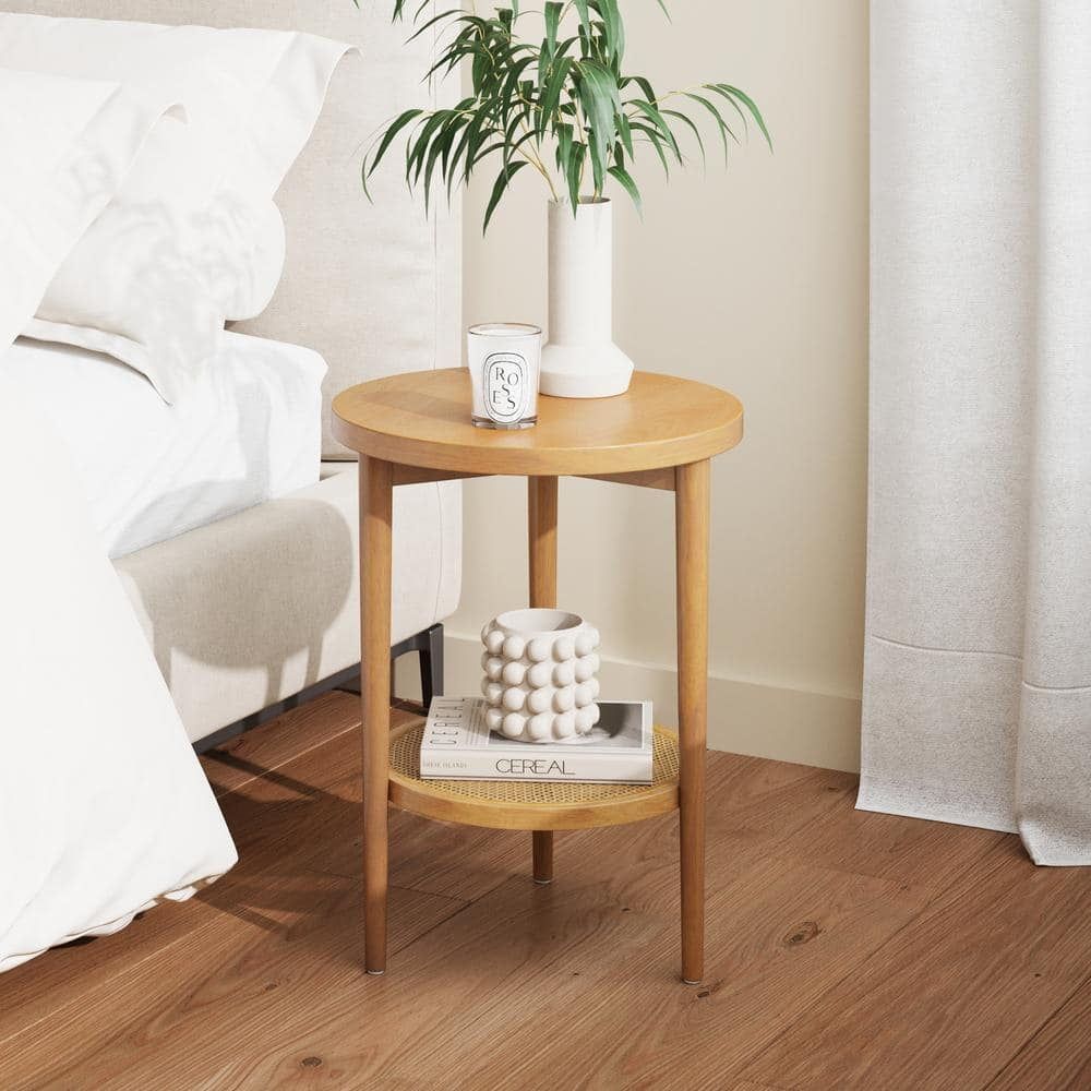 Sonia 15 in. Light Brown Bohemian Round Wood End Table with Rattan Shelf