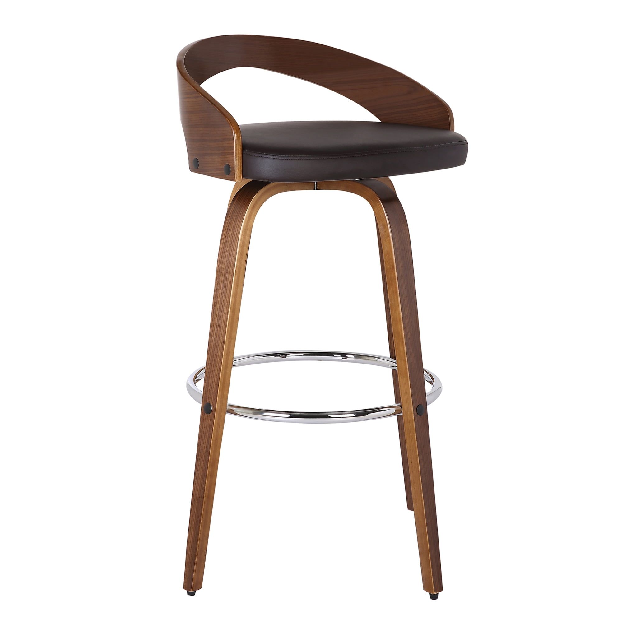 Brown Faux Leather and Walnut Wood Swivel Barstool