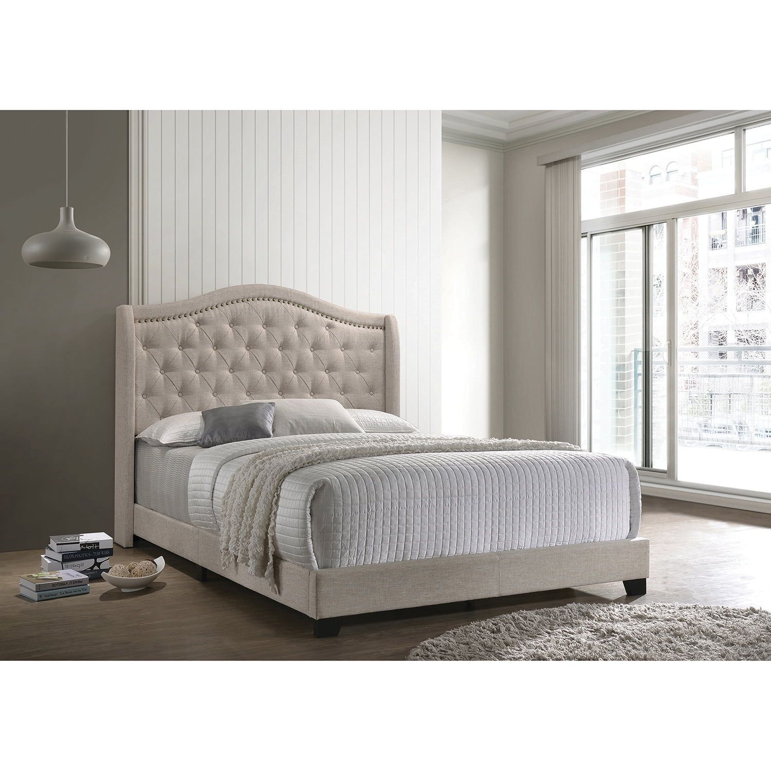 Beige Full Upholstered Bed with Tufted Headboard and Nailhead Trim