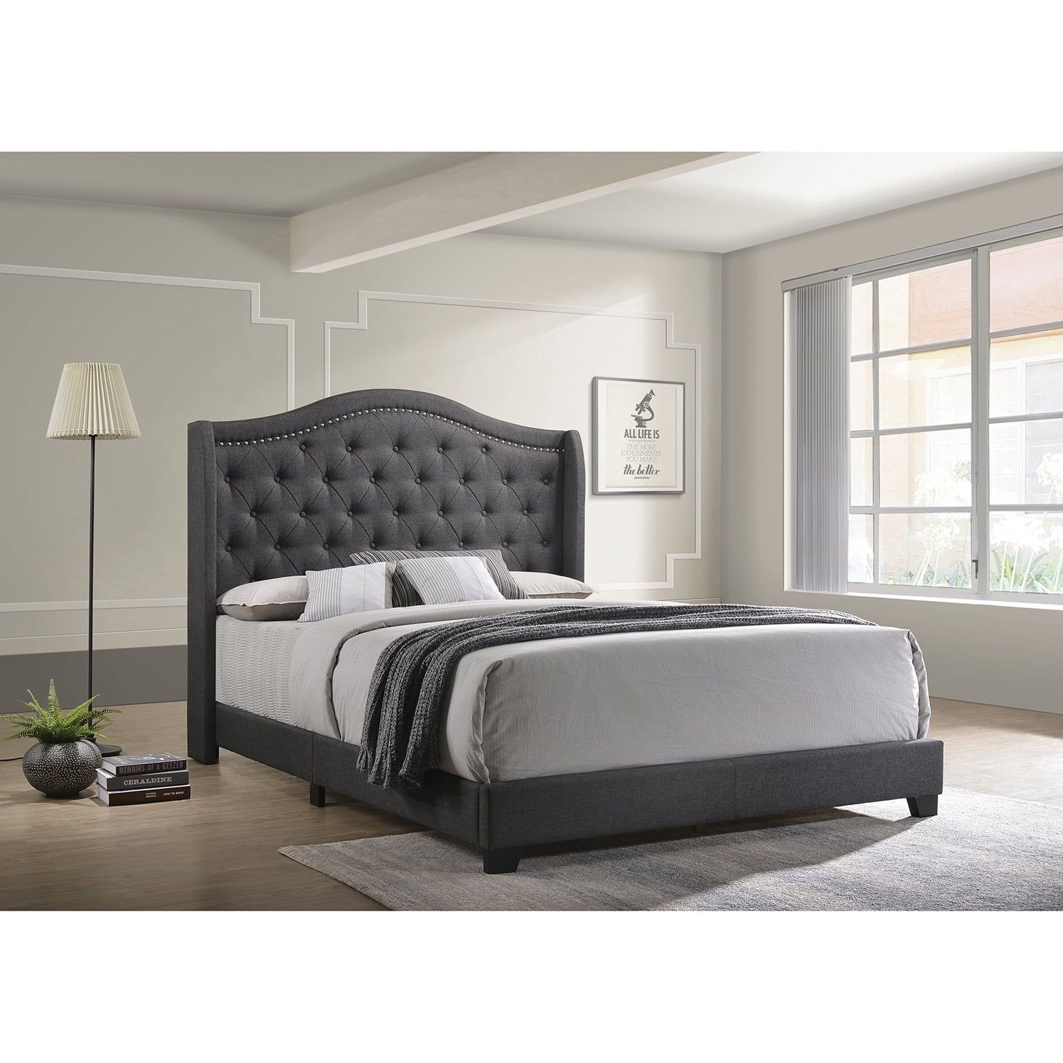 Gray Full Upholstered Bed with Tufted Headboard and Nailhead Trim
