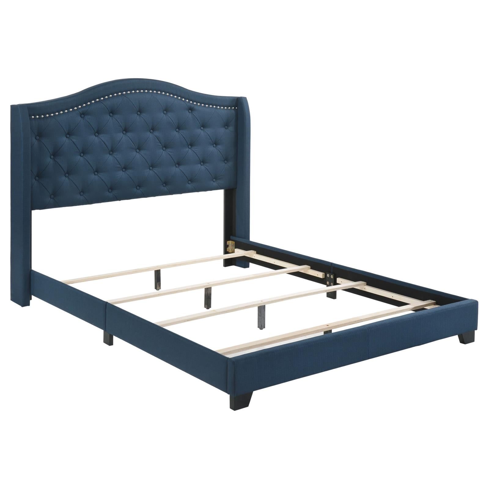 Transitional King Upholstered Bed with Tufted Linen Headboard in Blue