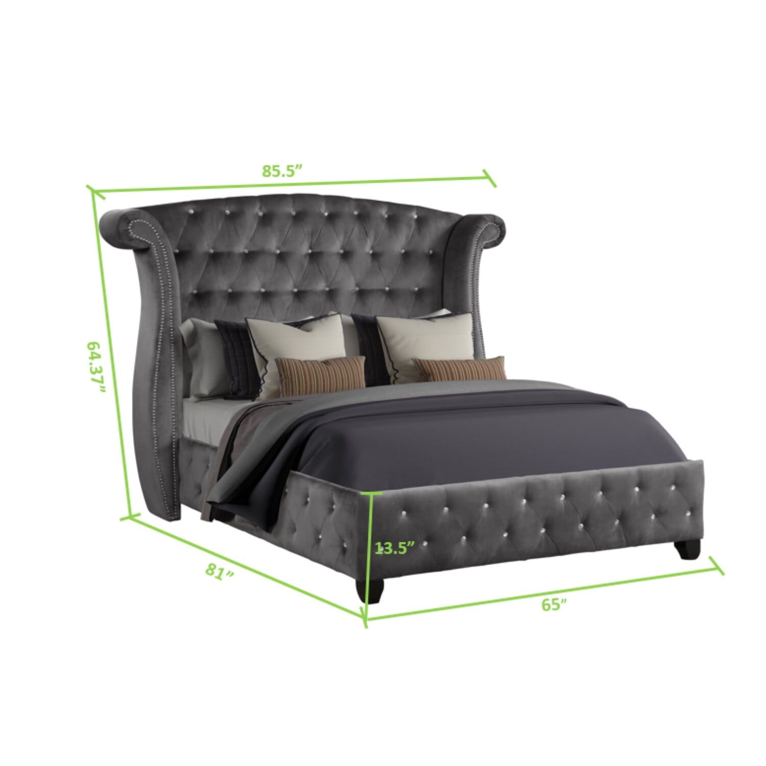 Gray Velvet Queen Bed with Tufted Upholstered Headboard