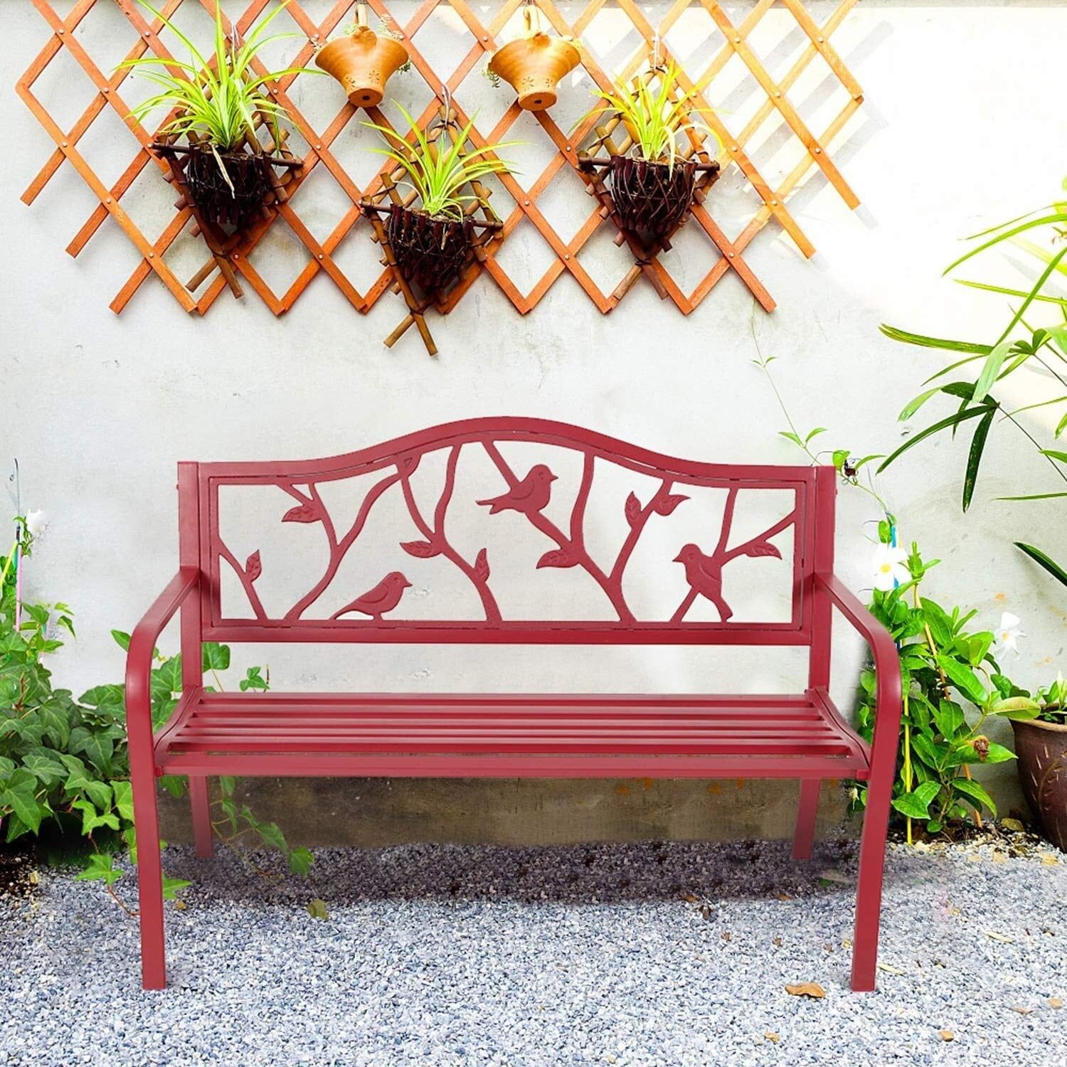 Pinkish Red Steel Outdoor Bench with Bird Design