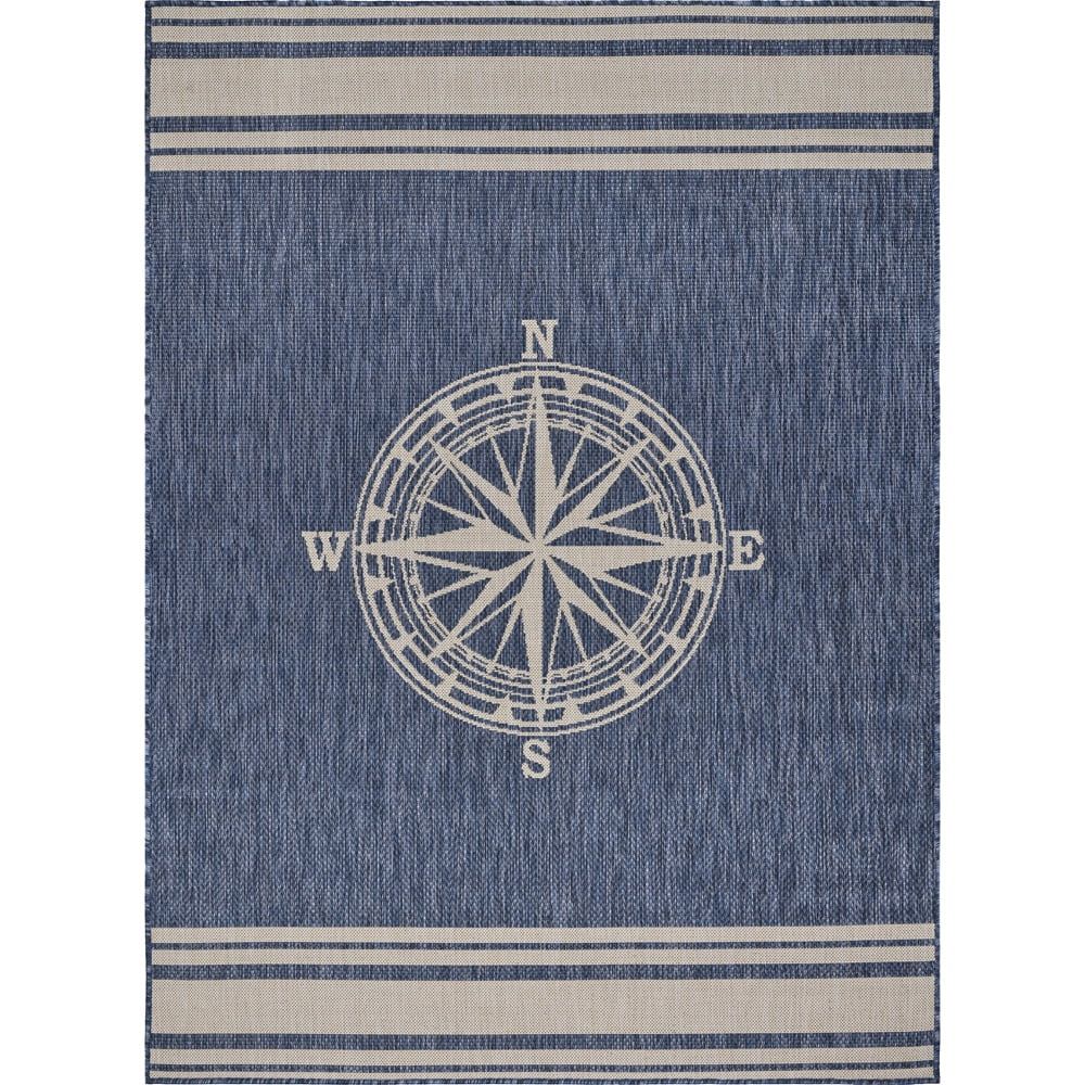 Nautical Blue and White Compass Stripe Indoor/Outdoor Rug