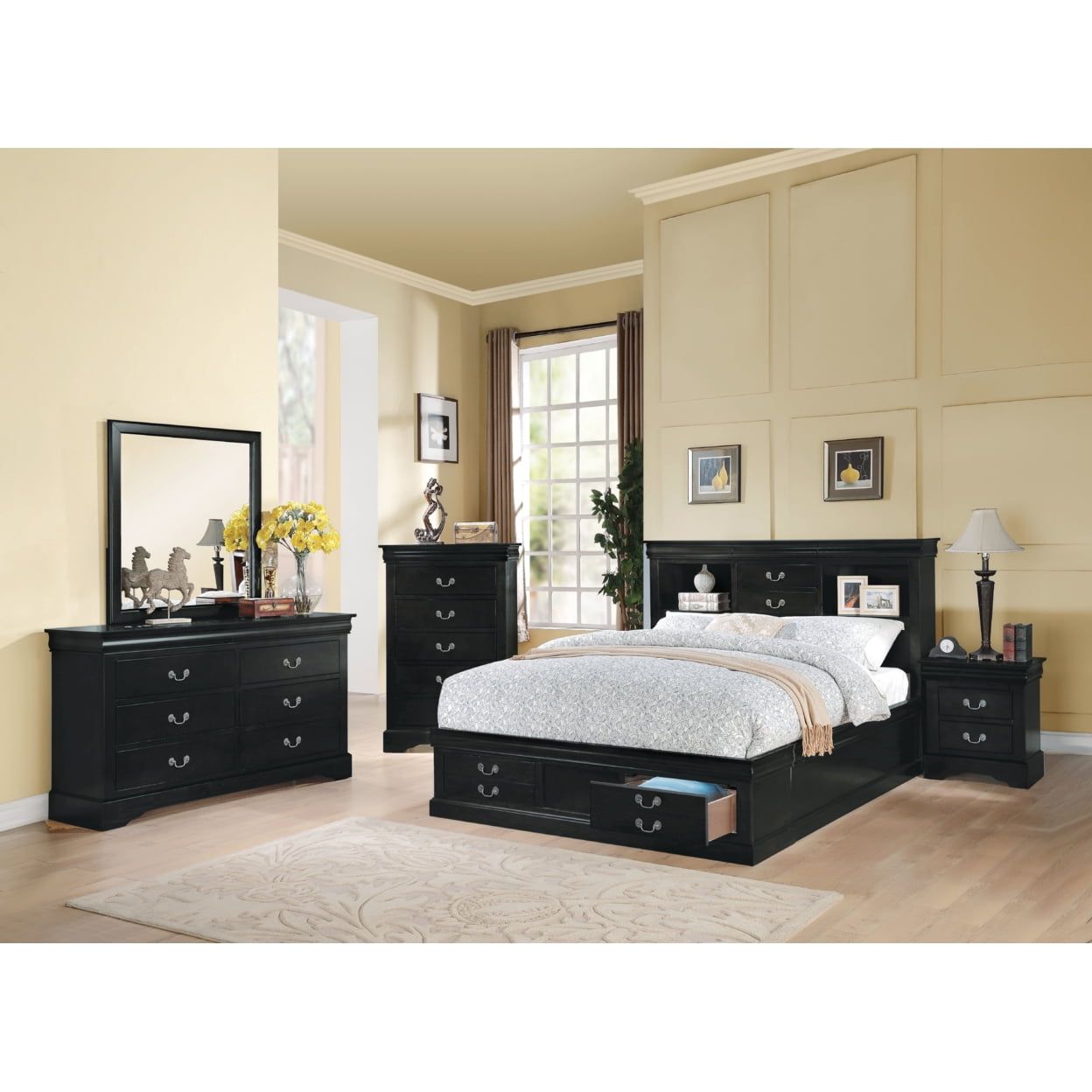 Elegant Queen Wood Storage Platform Bed with Bookcase Headboard, Black