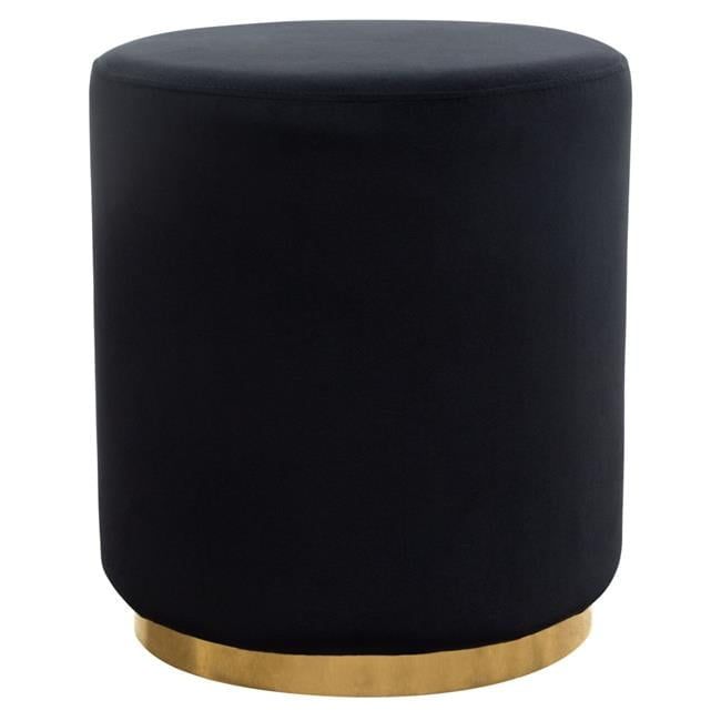 Black Velvet Round Ottoman with Gold Metal Band