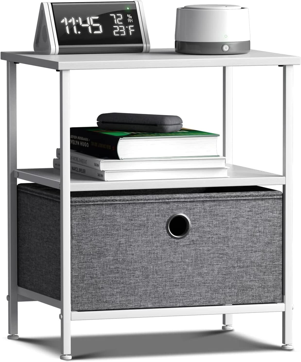 White Metal and Fabric 1-Drawer End Table with Shelves