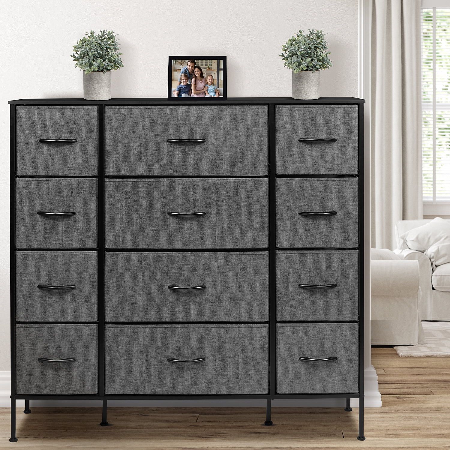 Black Steel Frame 12-Drawer Dresser with Wood Top