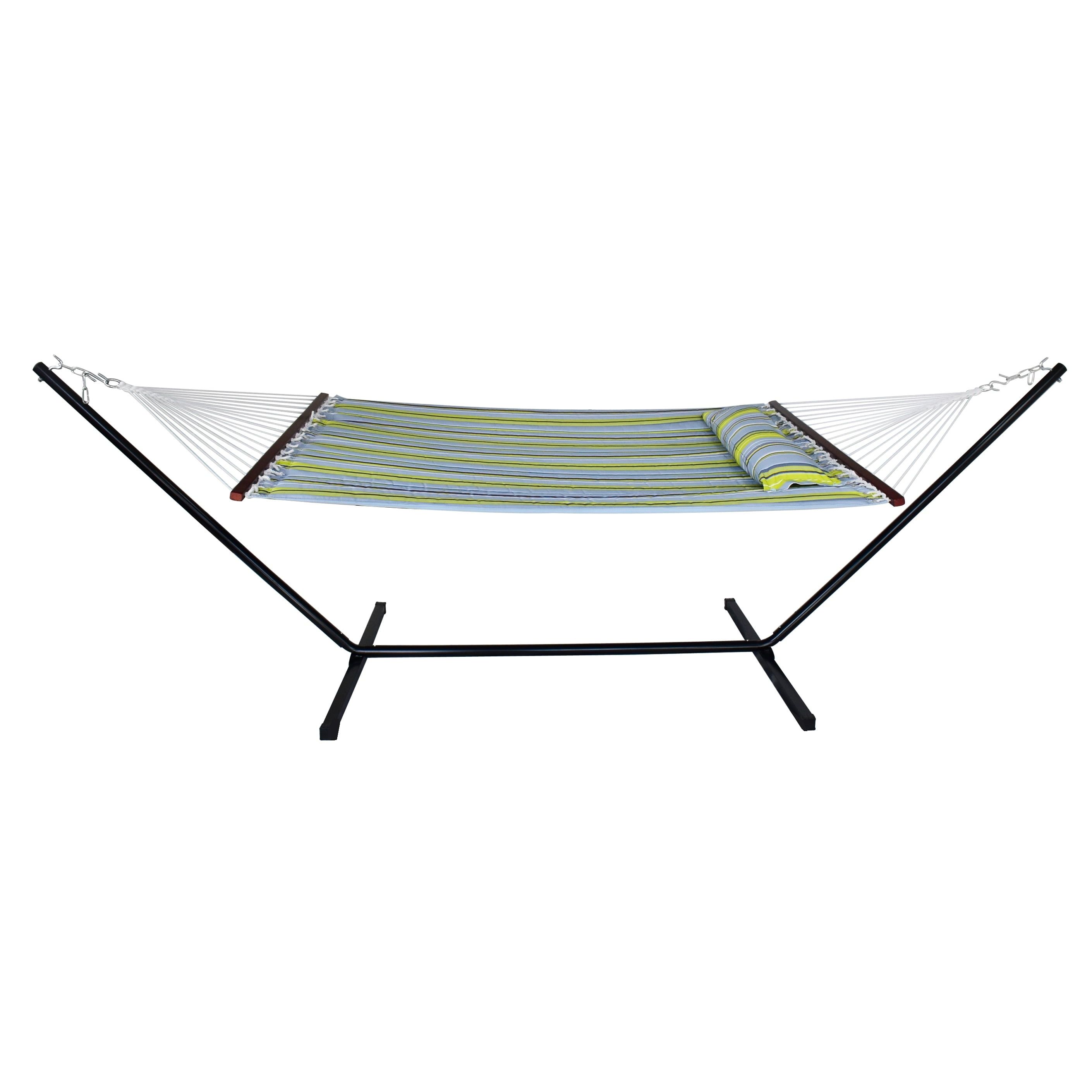 Green and Blue Quilted Fabric Hammock with Stand and Pillow