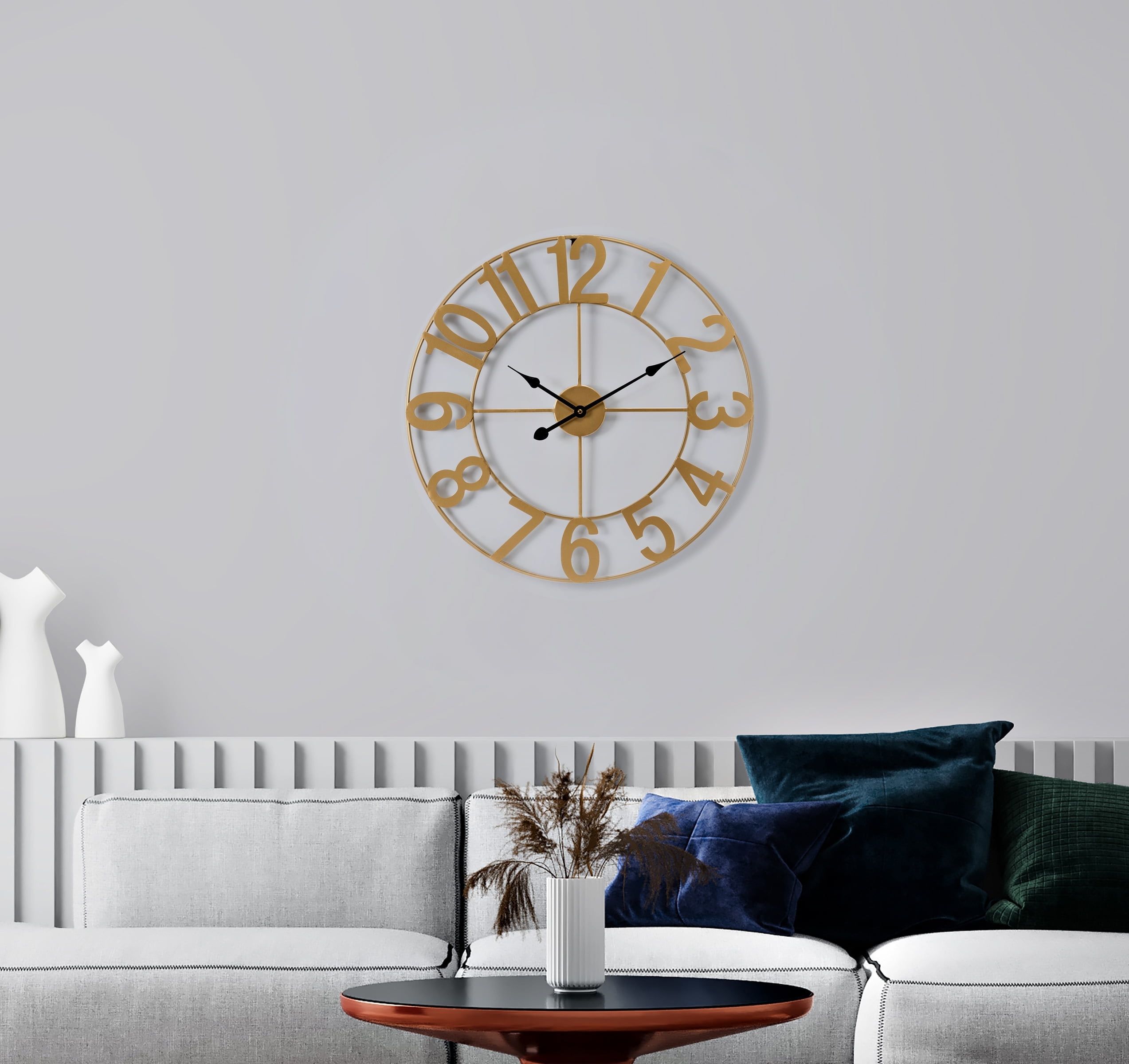 Oversized Gold Metal Round Wall Clock with Black Dial