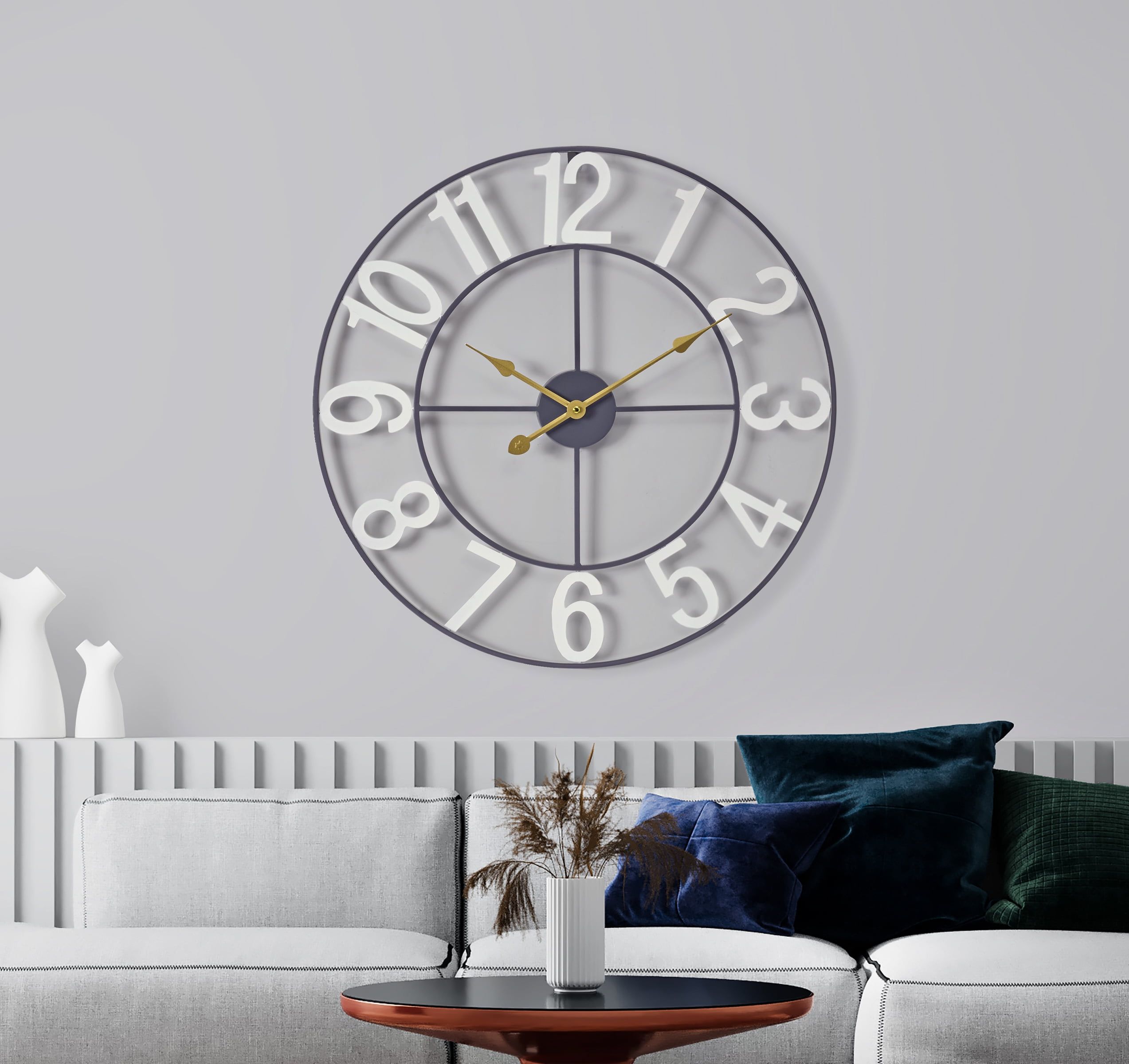 Oversized Black Metal Wall Clock with White Numerals, 16" Diameter