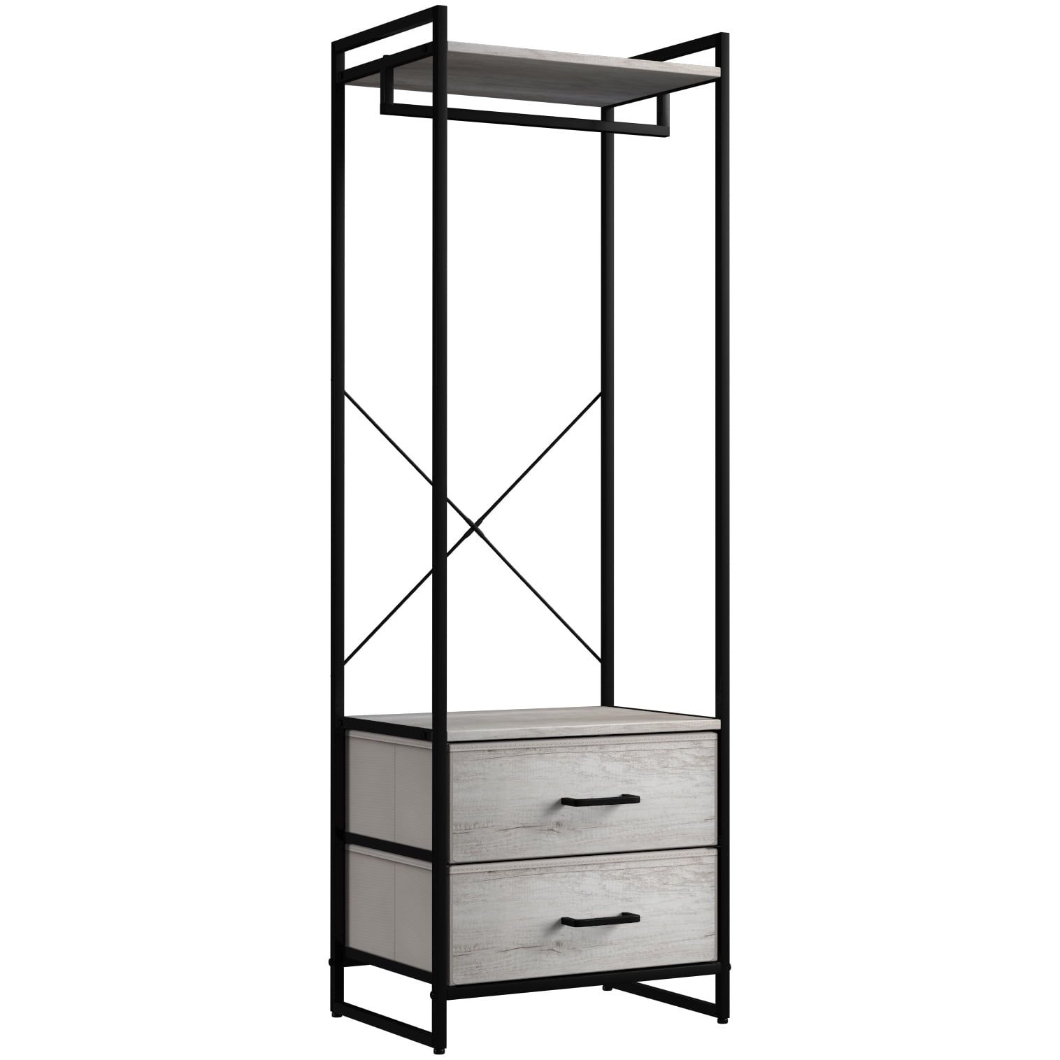 Portable Black Steel Clothing Rack with Wood Drawers
