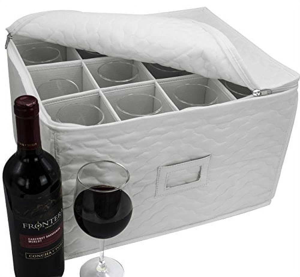 Beige Quilted Fabric Stemware Storage Chest with Dividers