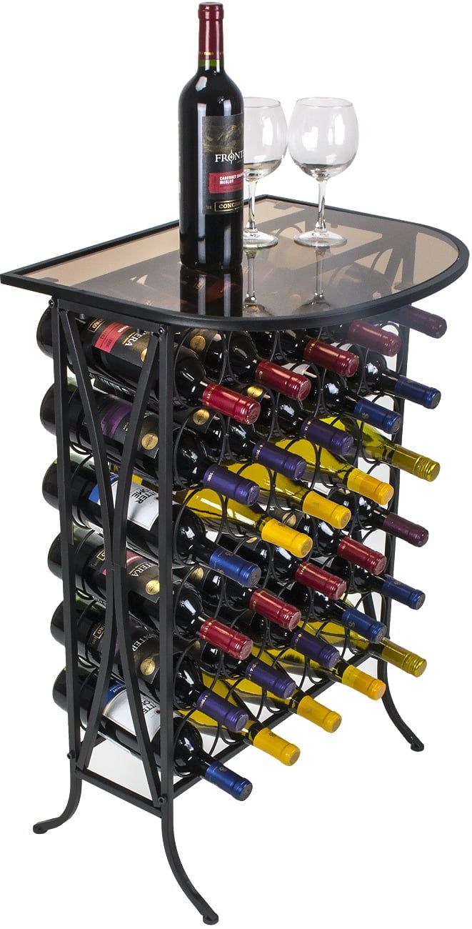 Black Metal 30-Bottle Wine Rack with Glass Top