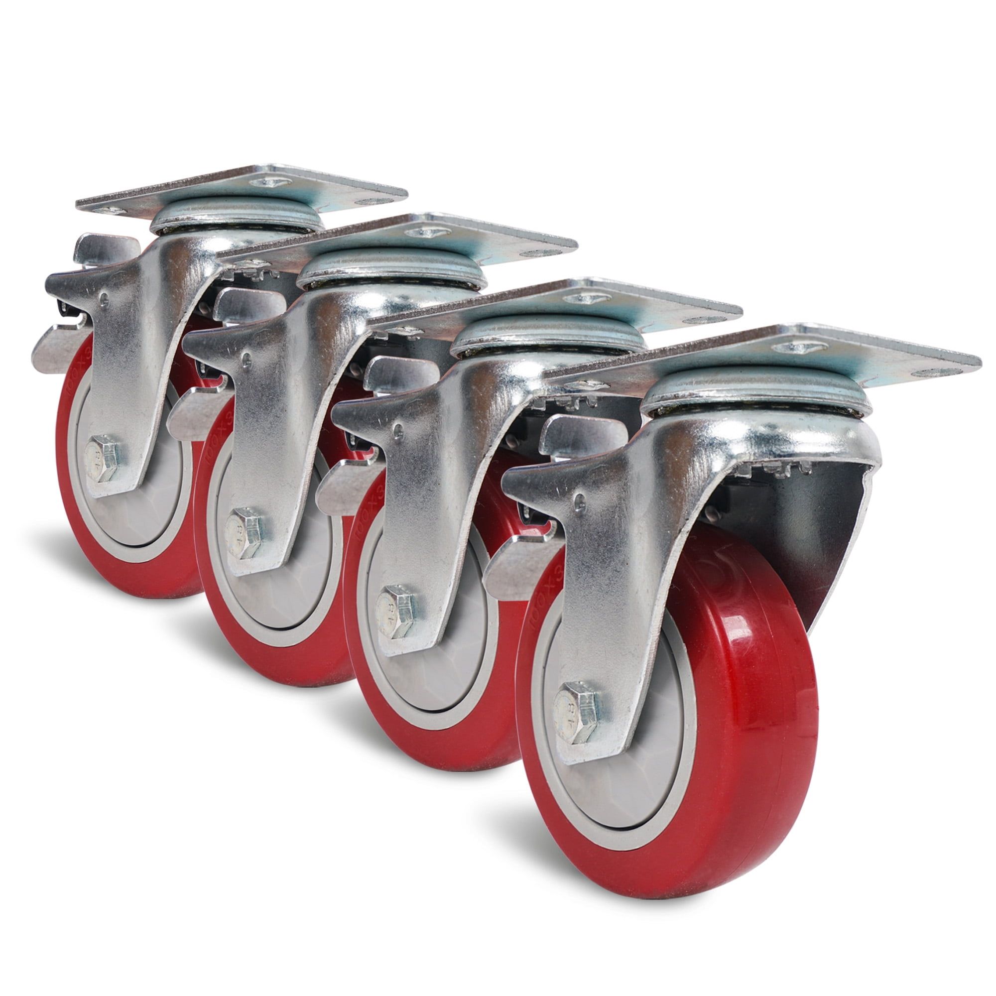 4 Pack Red Polyurethane Swivel Caster Wheels with Brakes