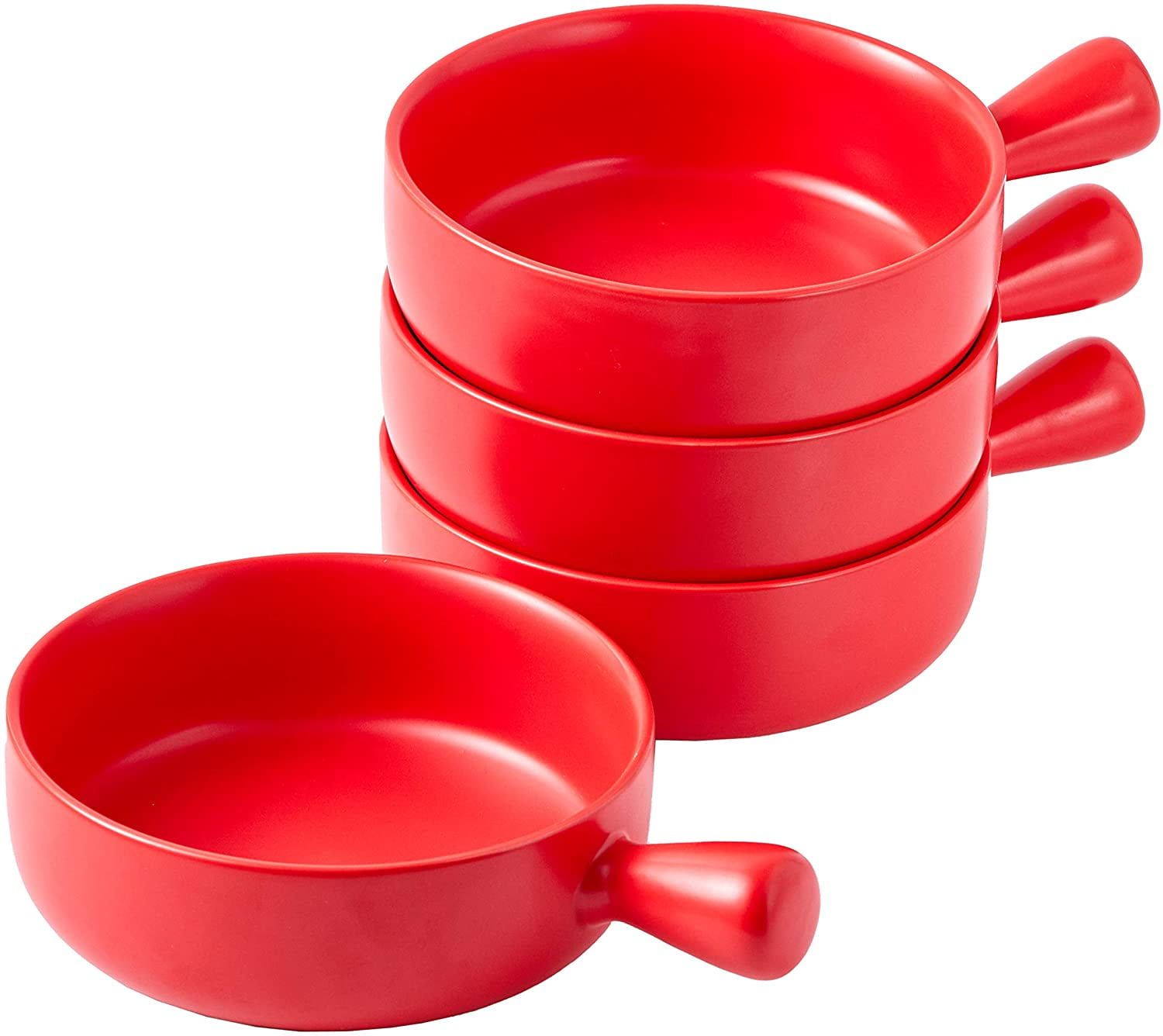 Red Ceramic 20 oz Soup Bowls with Handles, Set of 4