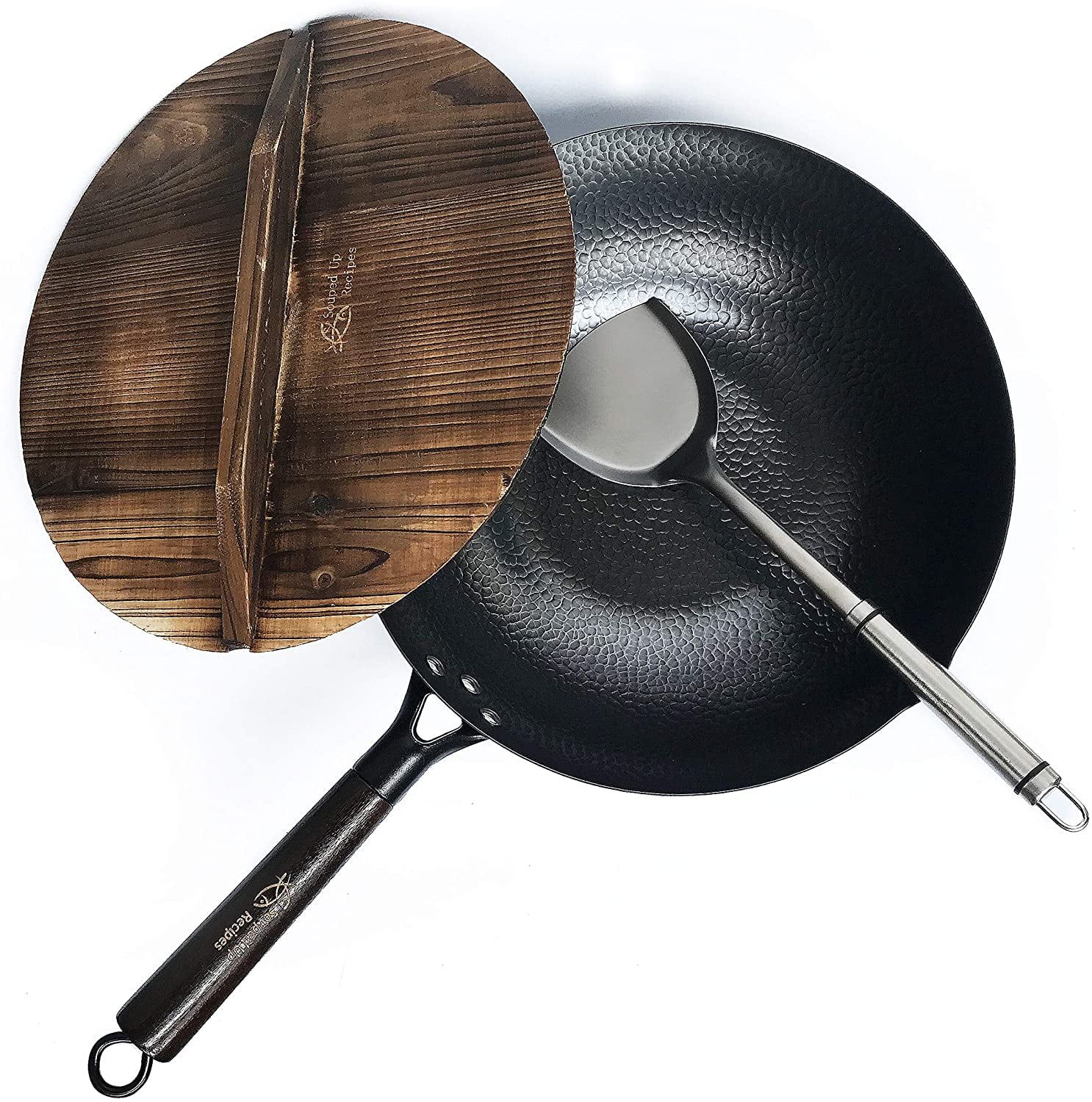 12.5-Inch Black Carbon Steel Wok with Wooden Lid and Spatula