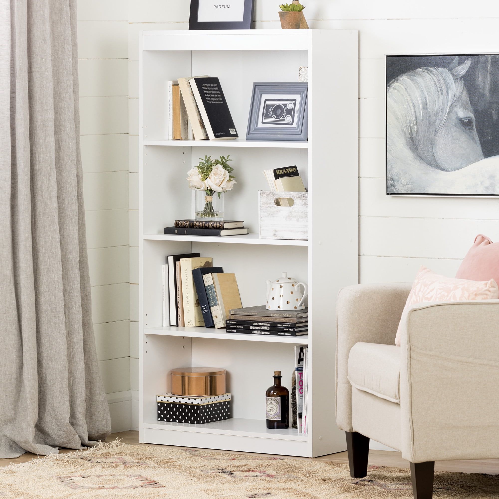 Pure White Adjustable 4-Shelf Wooden Bookcase