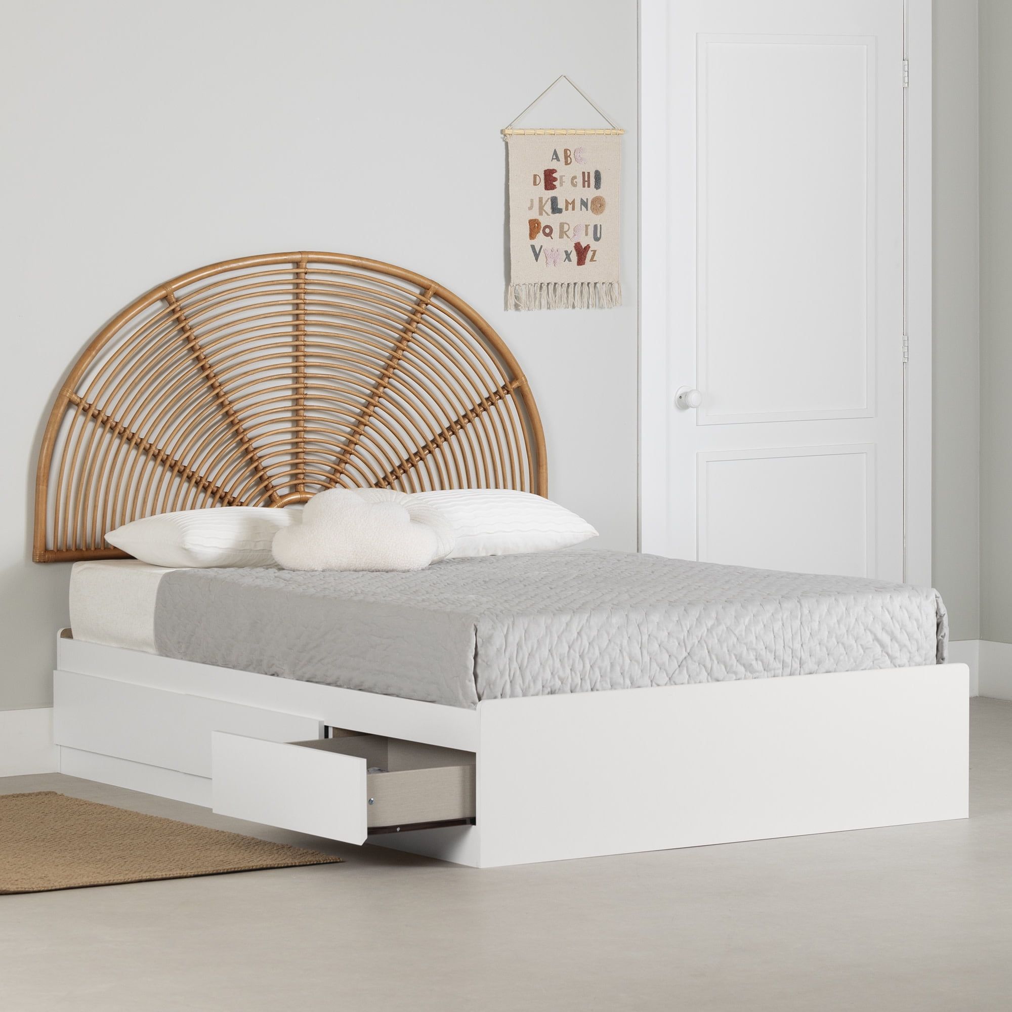 Full White and Natural Wood Platform Bed with Rattan Headboard and Storage