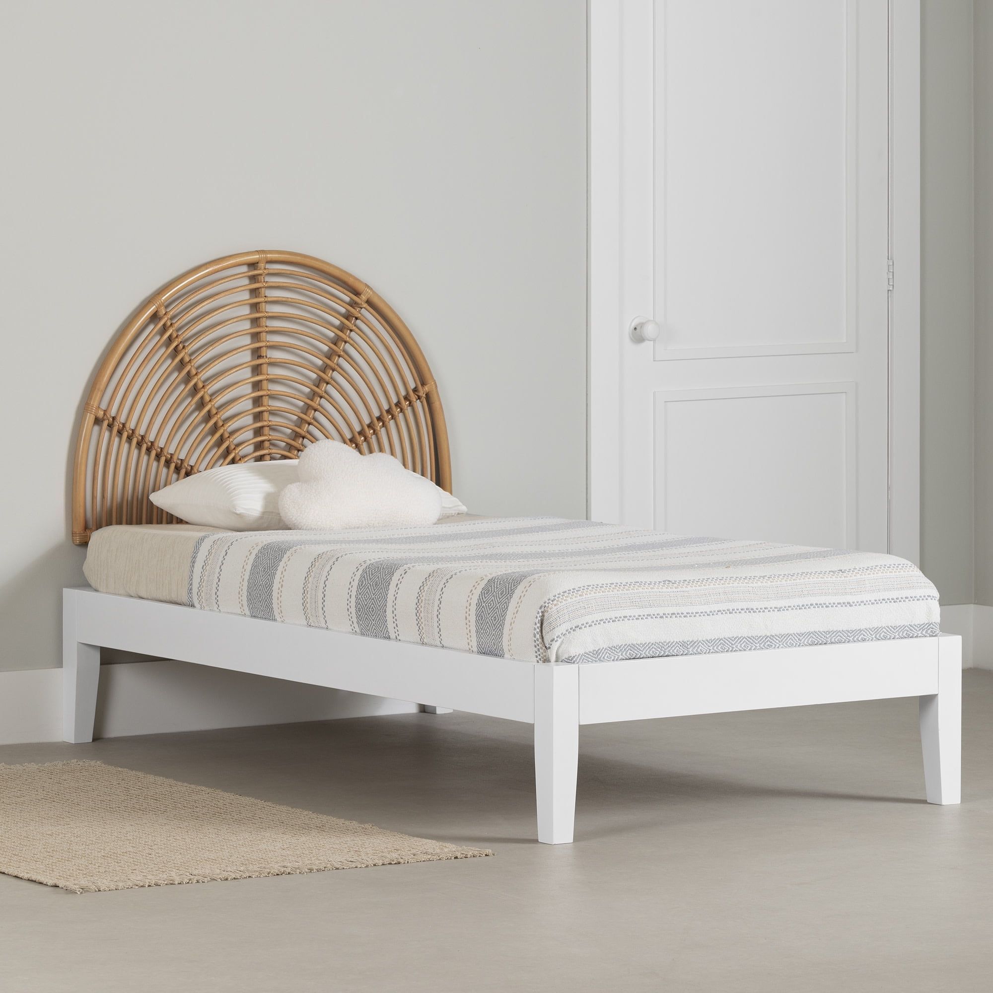 Twin White and Natural Wood Platform Bed with Rattan Headboard