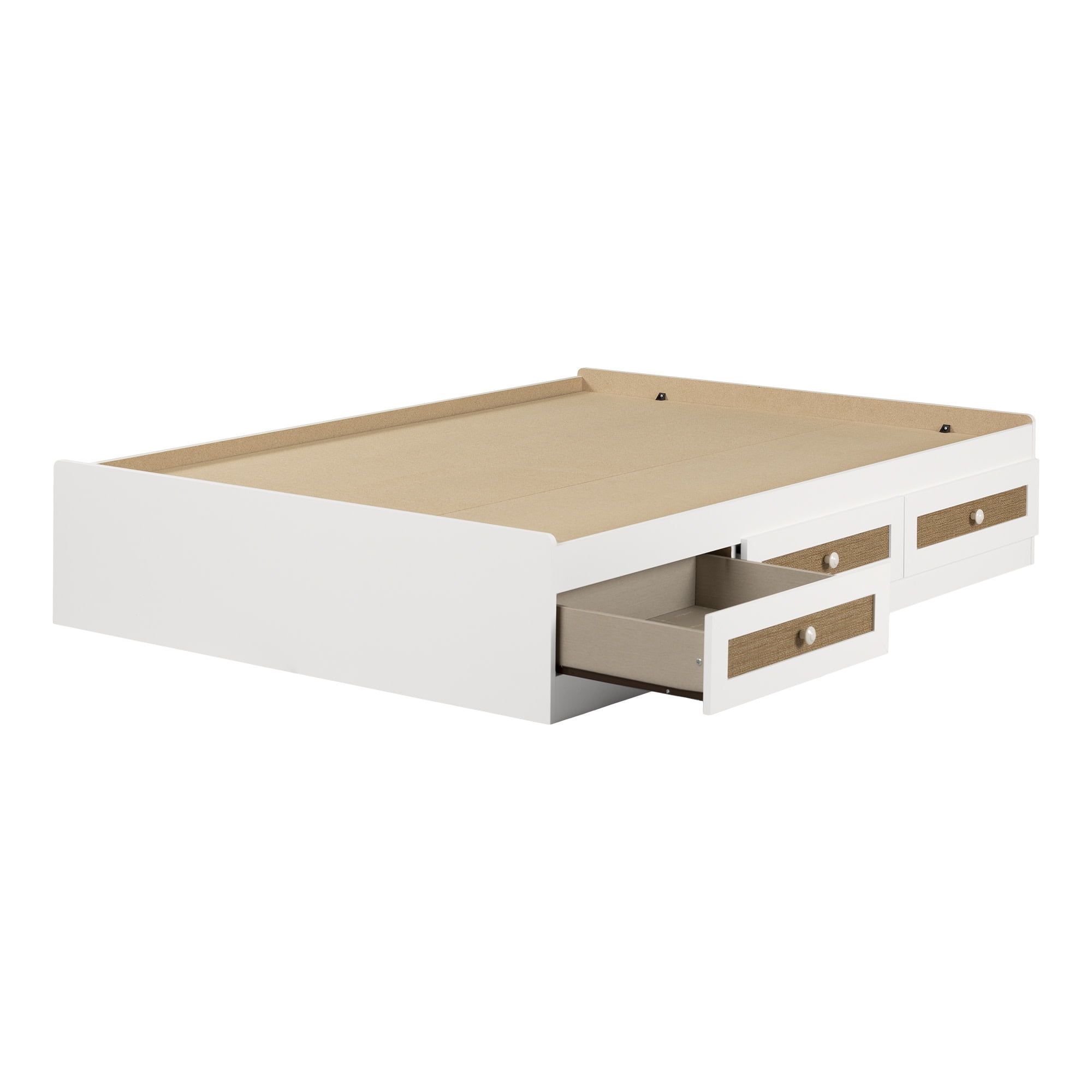 Full White Wood Platform Bed with 3 Storage Drawers