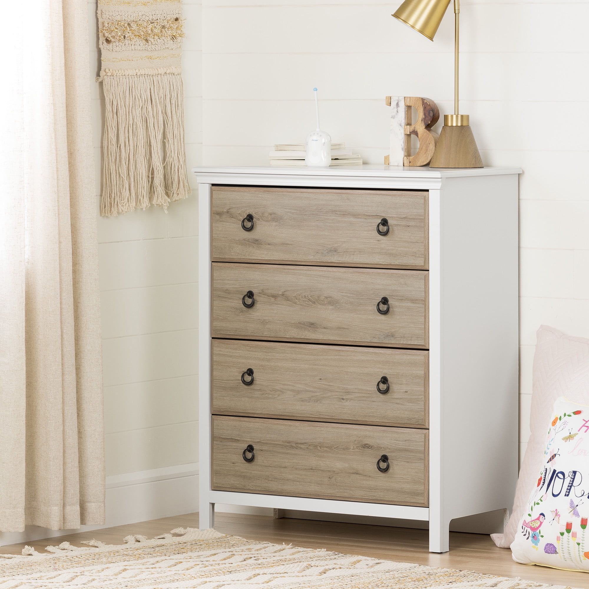 White and Rustic Oak 4-Drawer Vertical Nursery Dresser