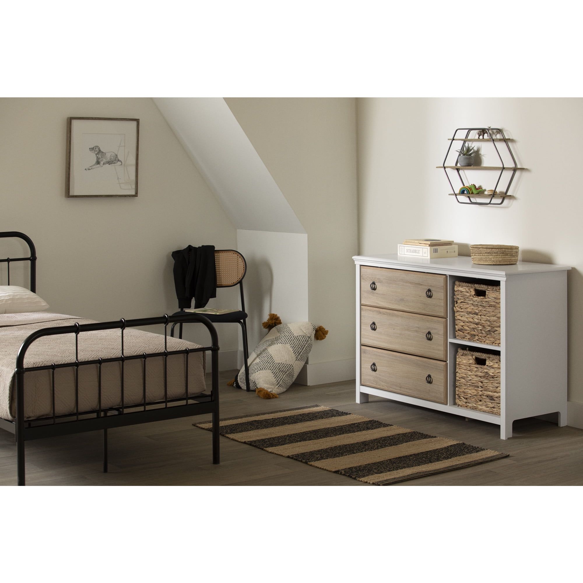 White and Rustic Oak 3-Drawer Dresser with Wicker Baskets