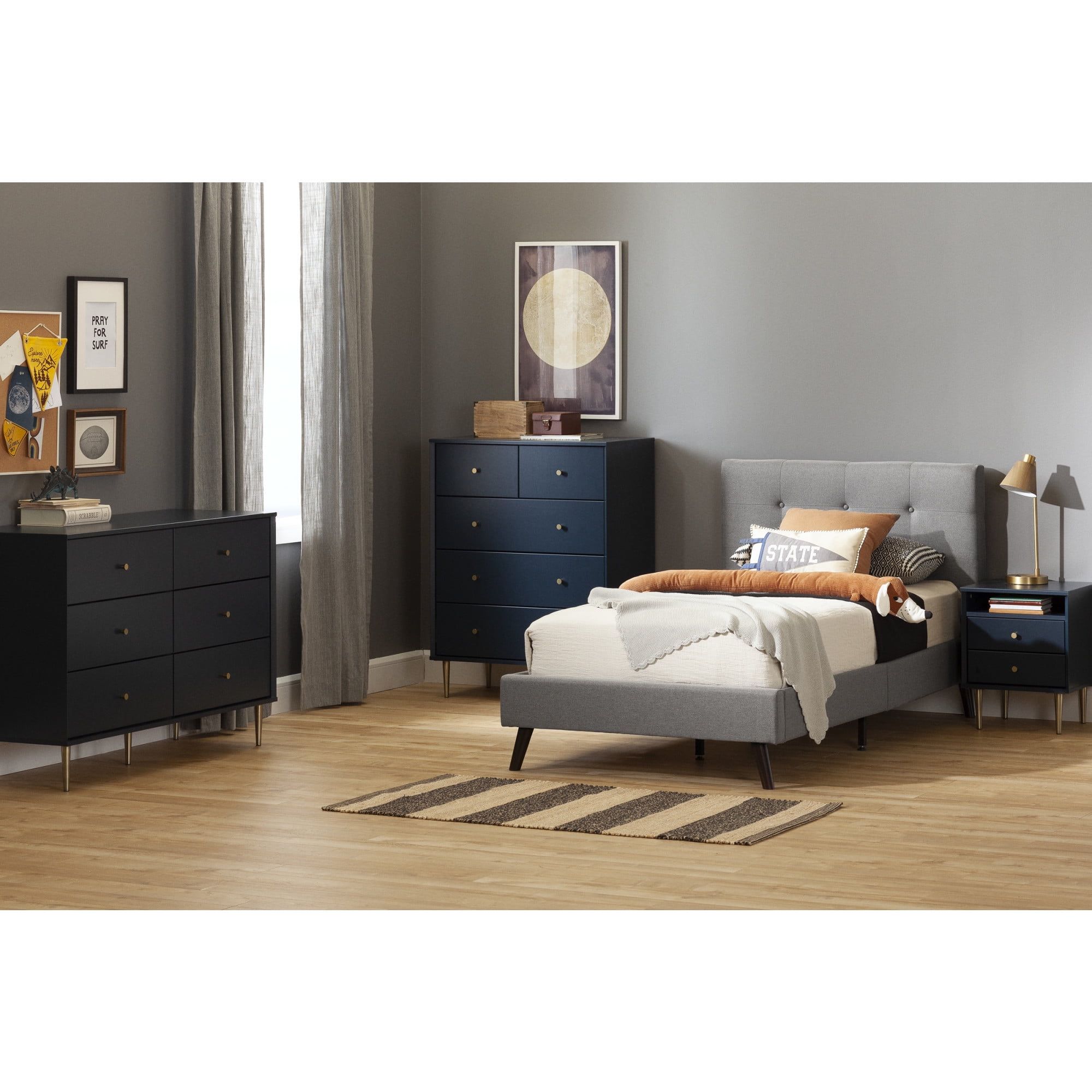 Navy Blue Double Glam 6-Drawer Dresser with Brass Legs