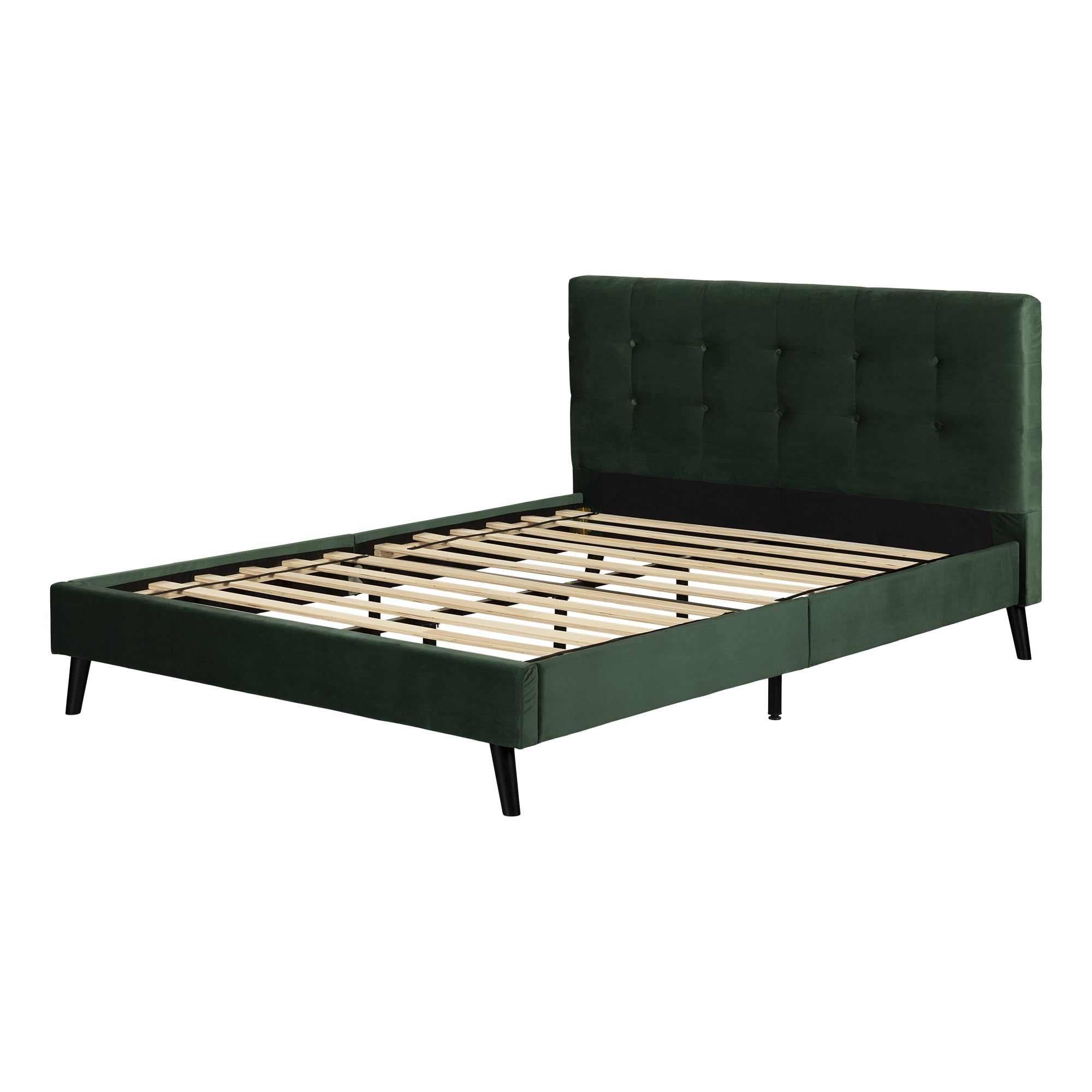 Queen Dark Green Velvet Upholstered Platform Bed with Headboard