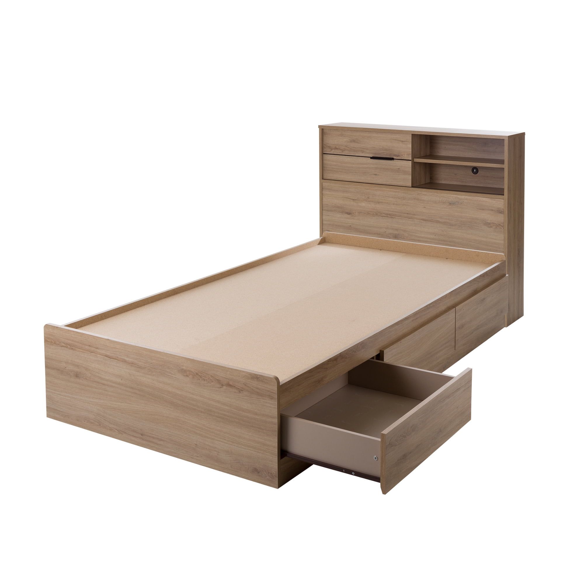 Rustic Oak Twin Platform Bed with Storage and Bookcase Headboard