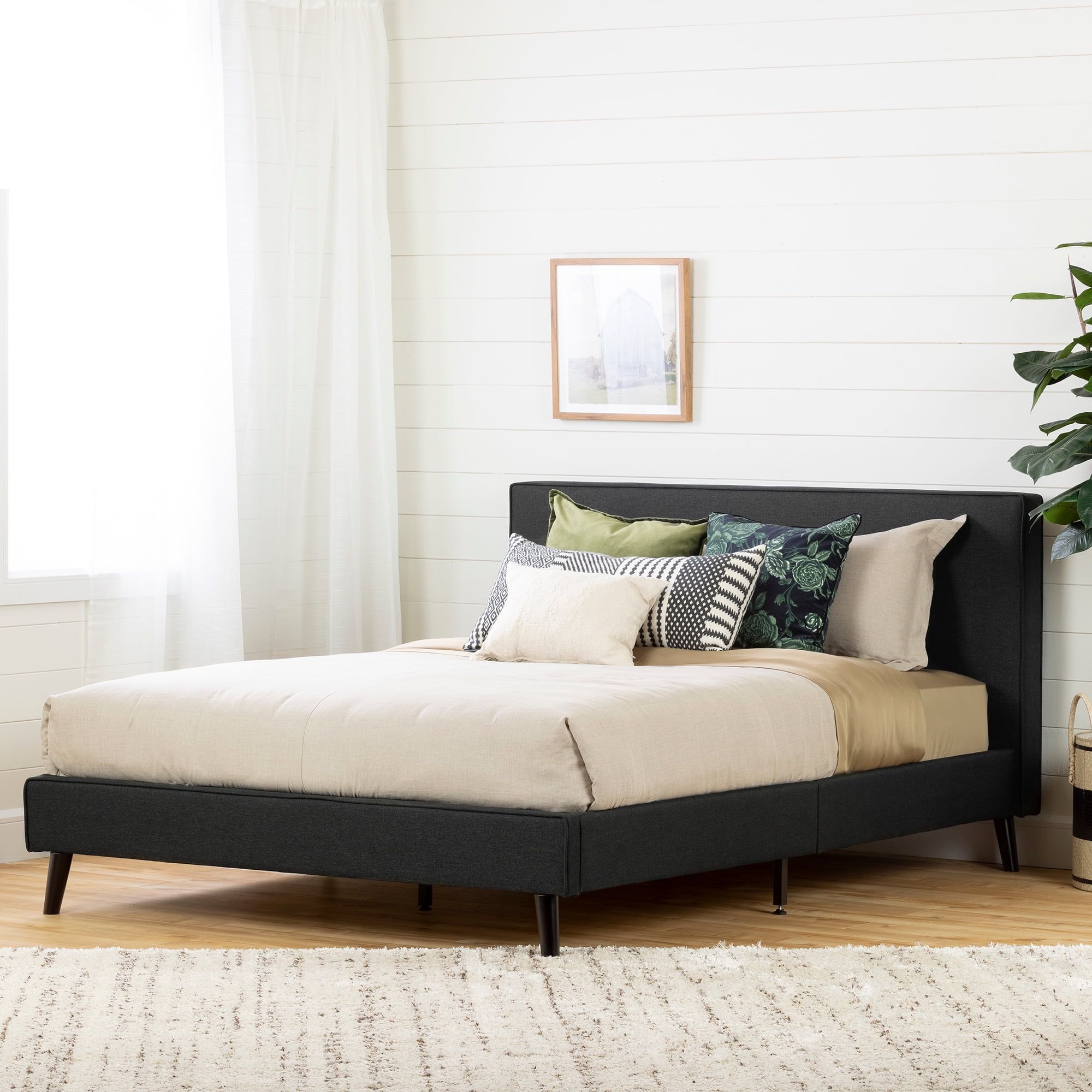 Charcoal Gray Queen Upholstered Bed with Wooden Slats