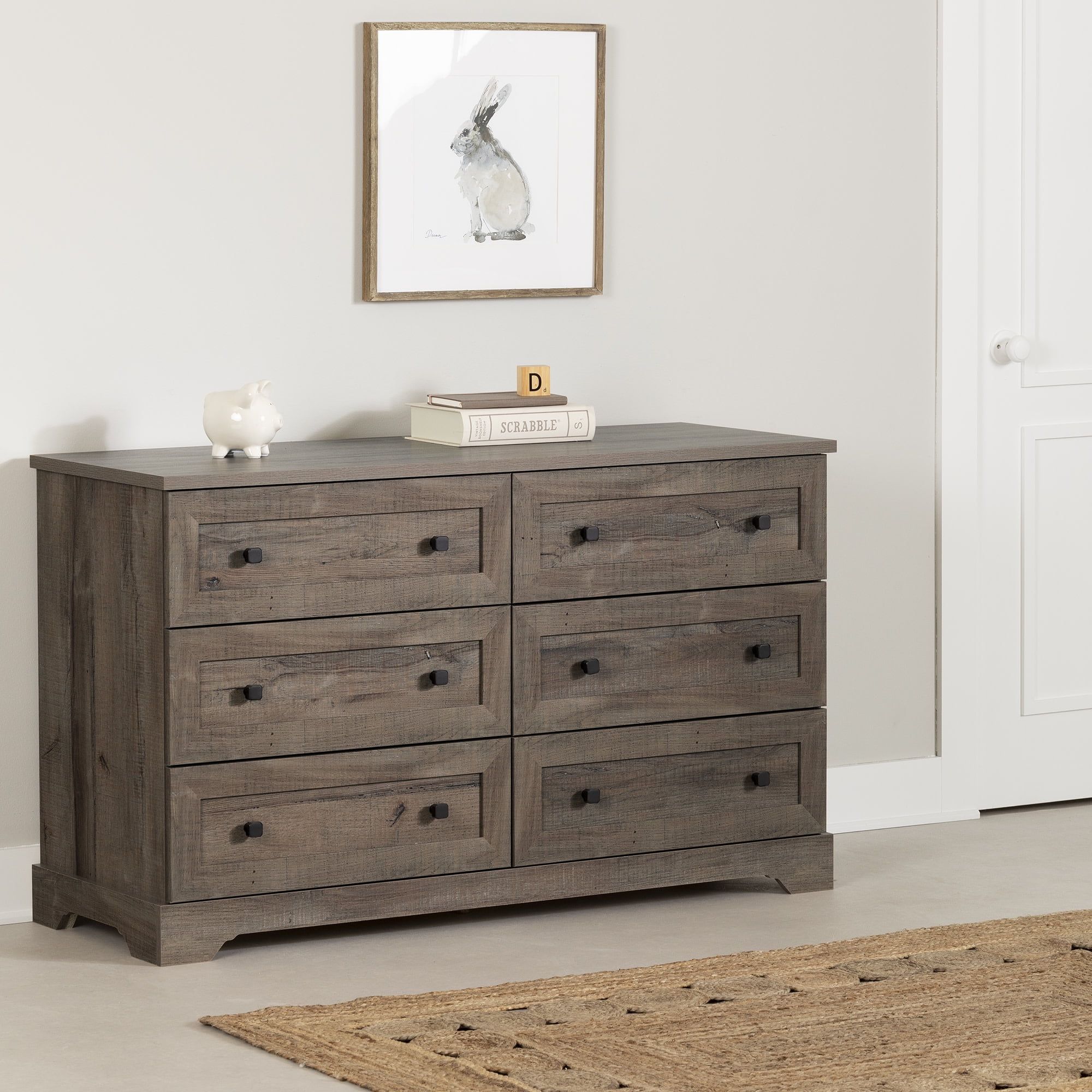 Fall Oak Farmhouse Double Dresser with Six Drawers