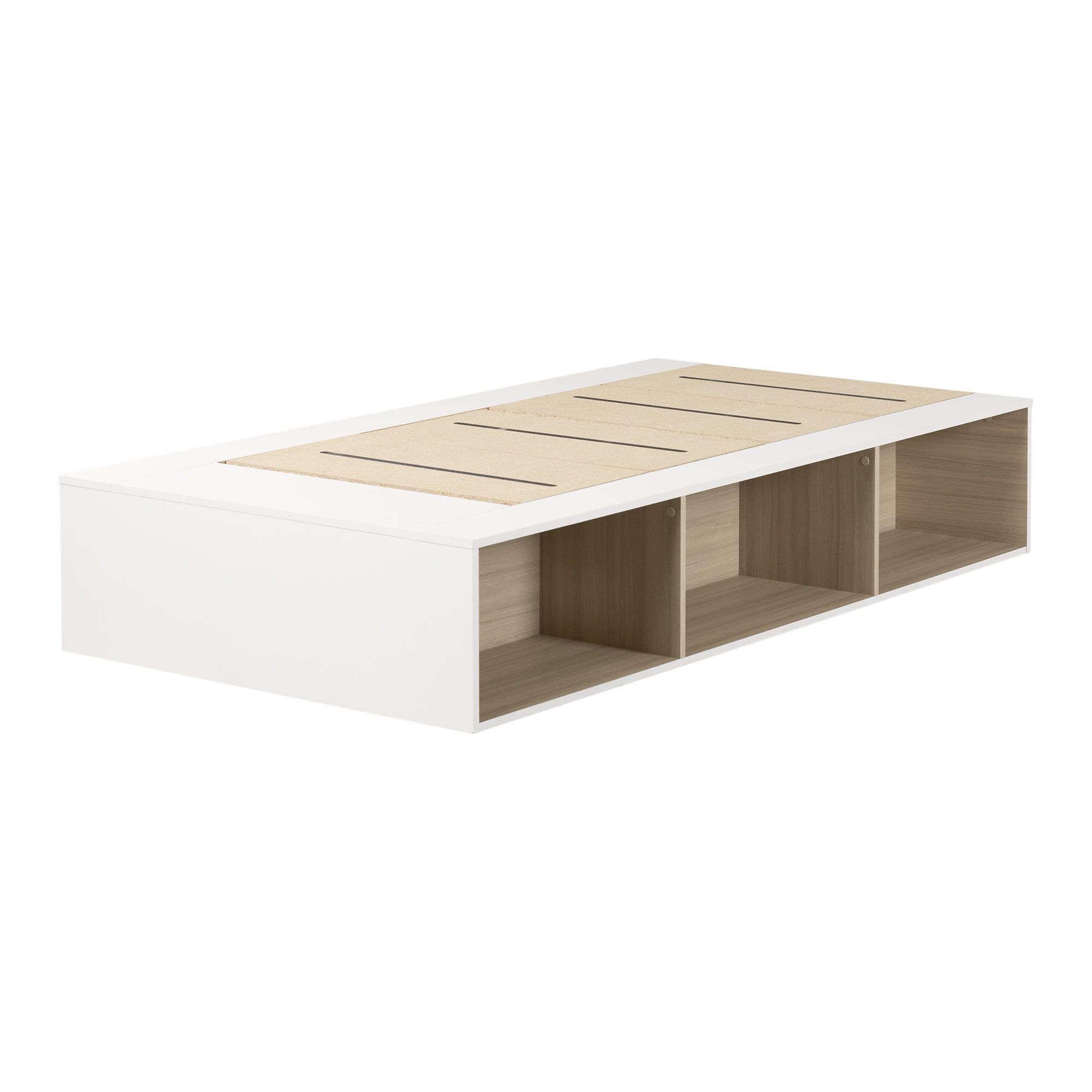 Twin Soft Elm and White Wood Platform Bed with Storage