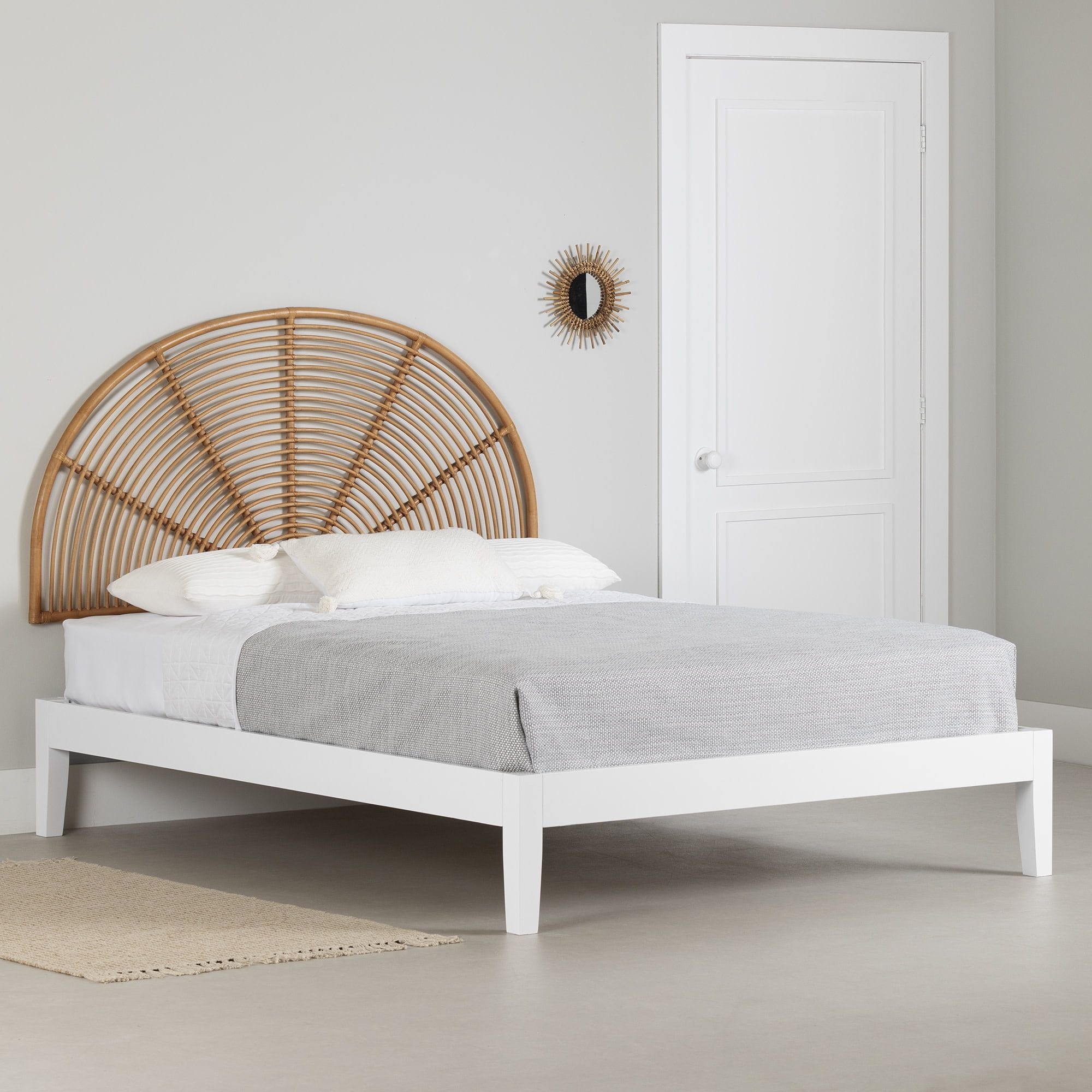 White and Natural Full Bohemian Wood Bed with Rattan Headboard