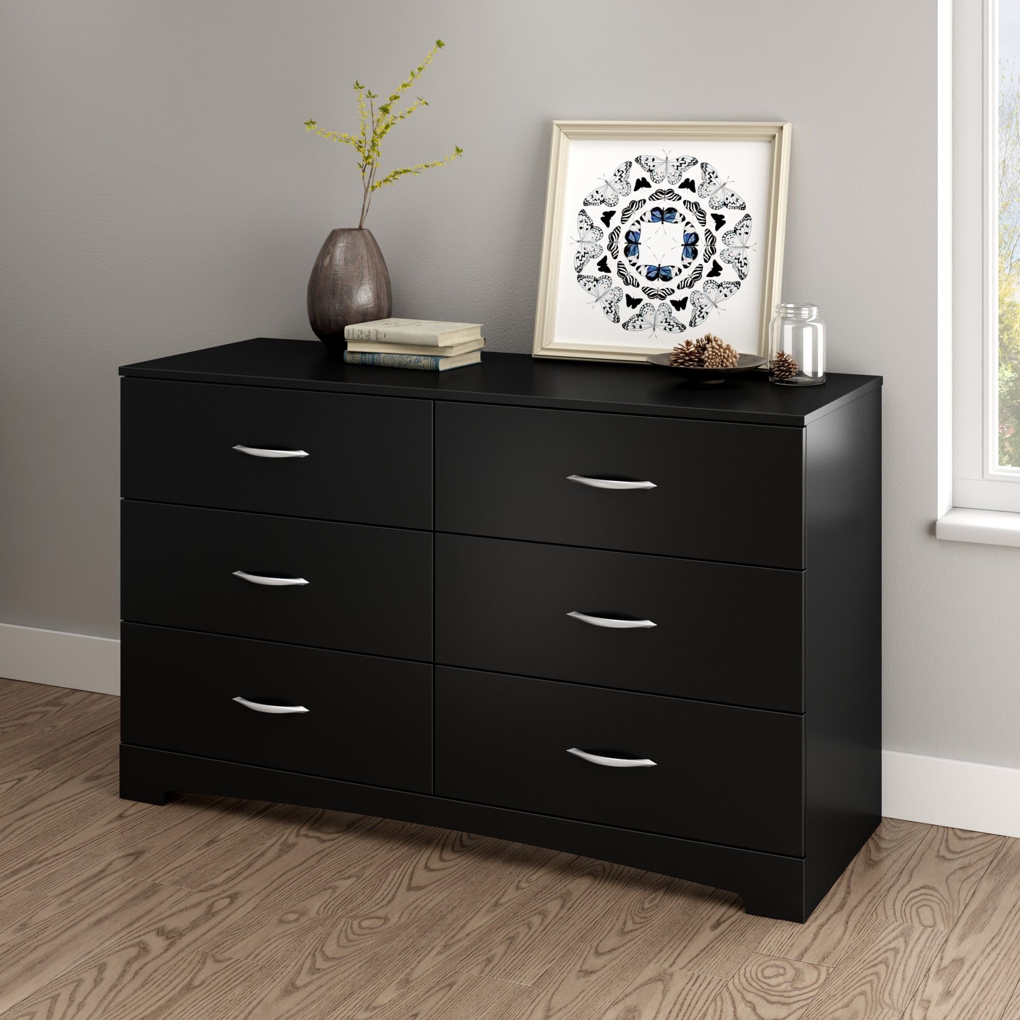 Transitional Pure Black 6-Drawer Double Dresser with Nickel Handles