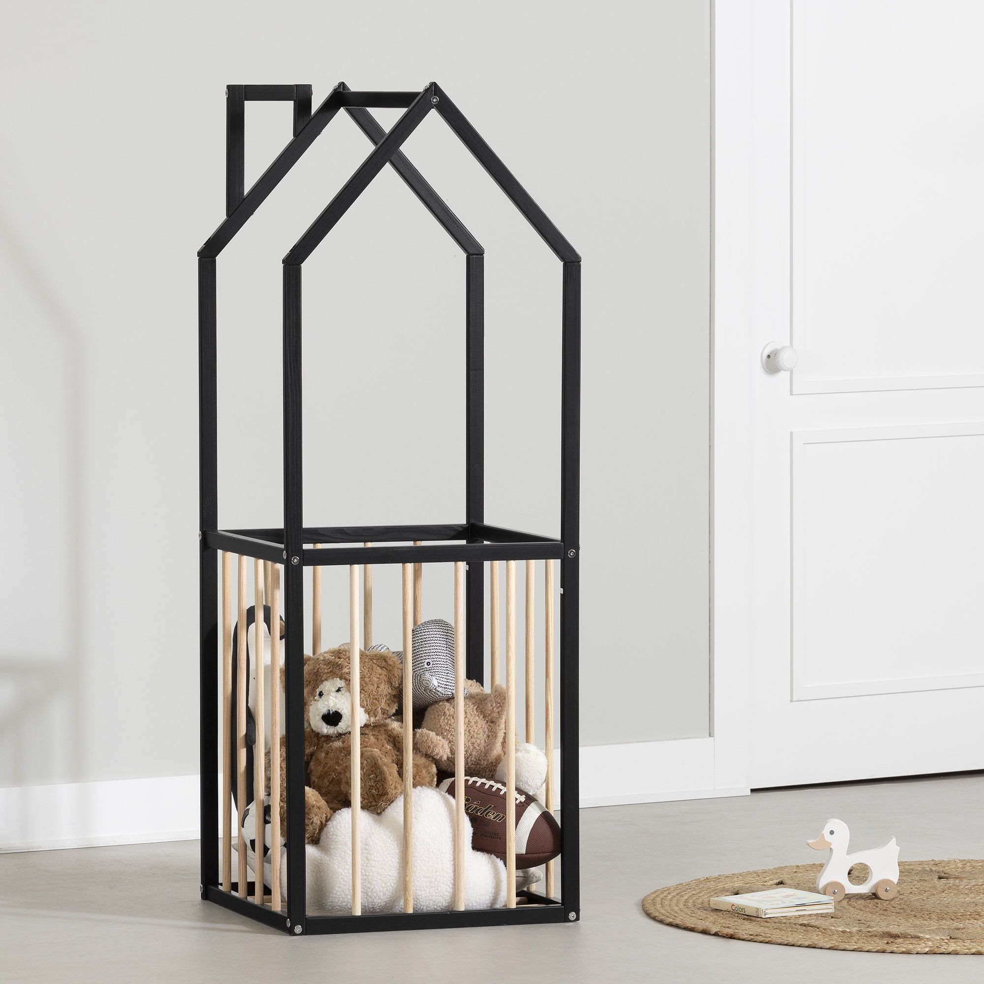 Scandinavian Black and Natural Wood House-Shaped Toy Storage Unit