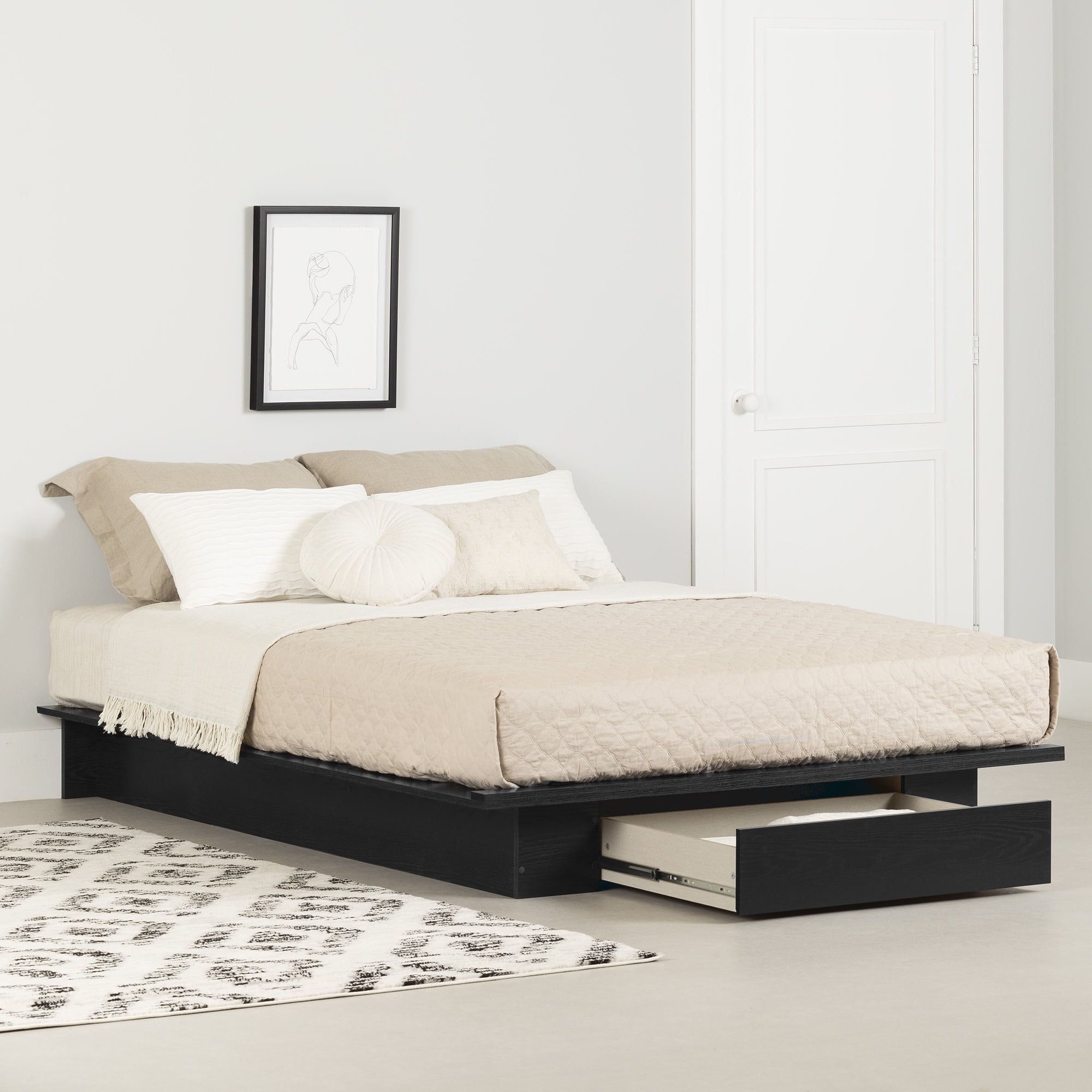 Black Oak Full Platform Bed with Drawer and Headboard