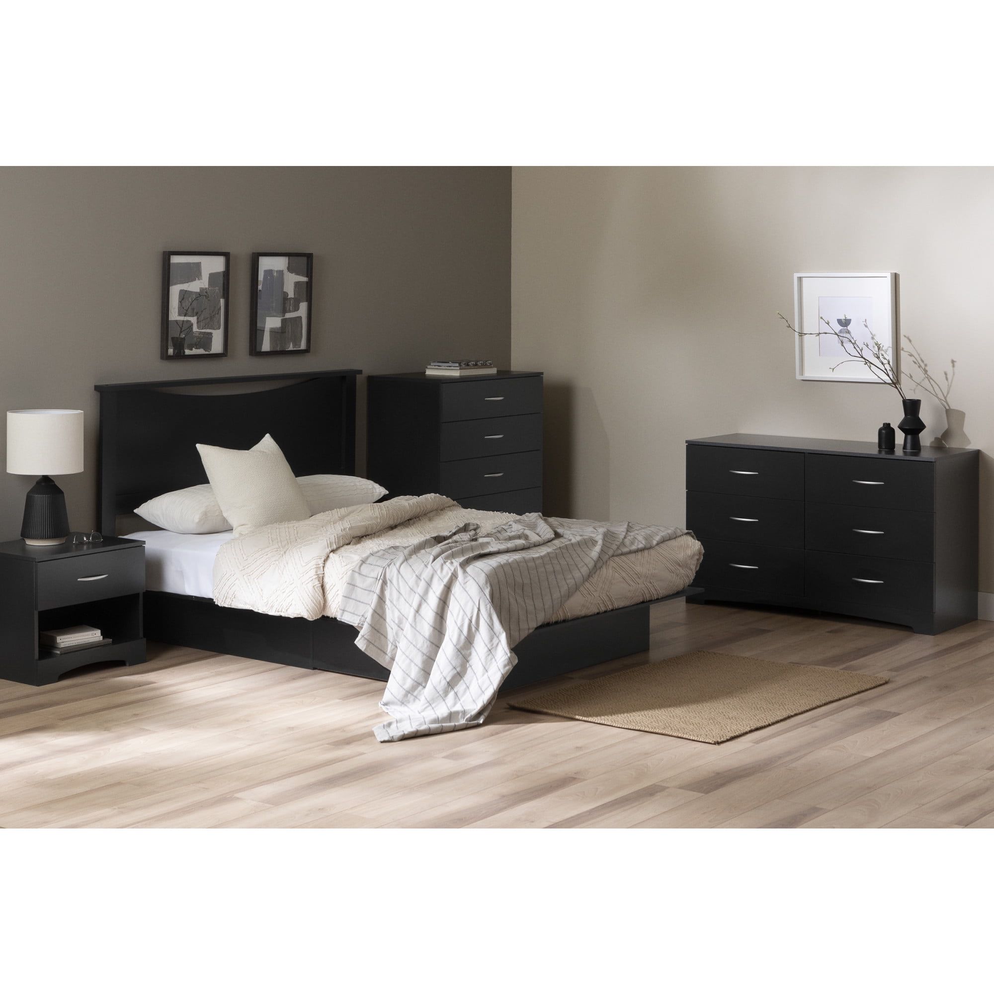 Transitional Pure Black 6-Drawer Double Dresser with Nickel Handles