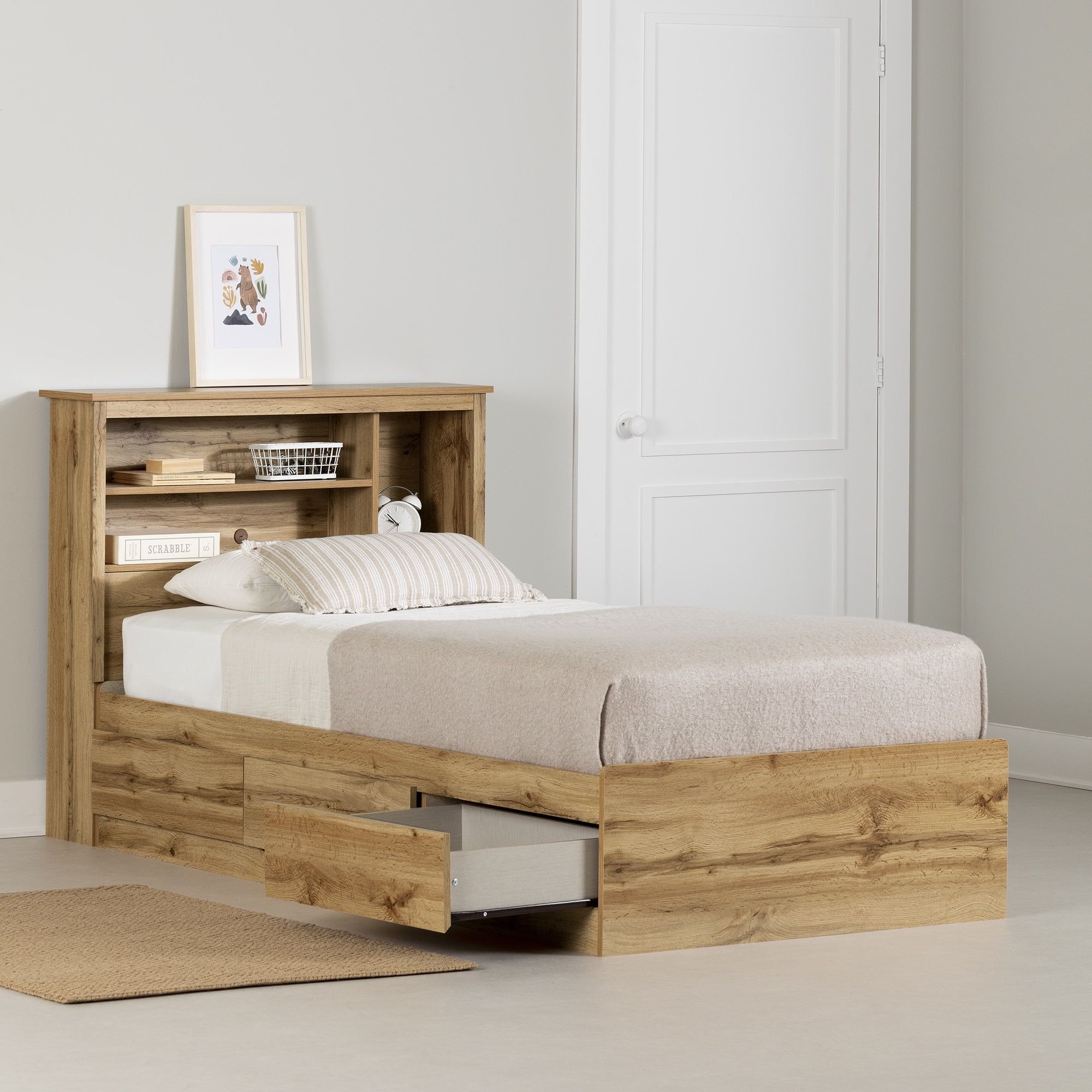 Nordik Oak Twin Platform Bed with Headboard and Storage Drawers